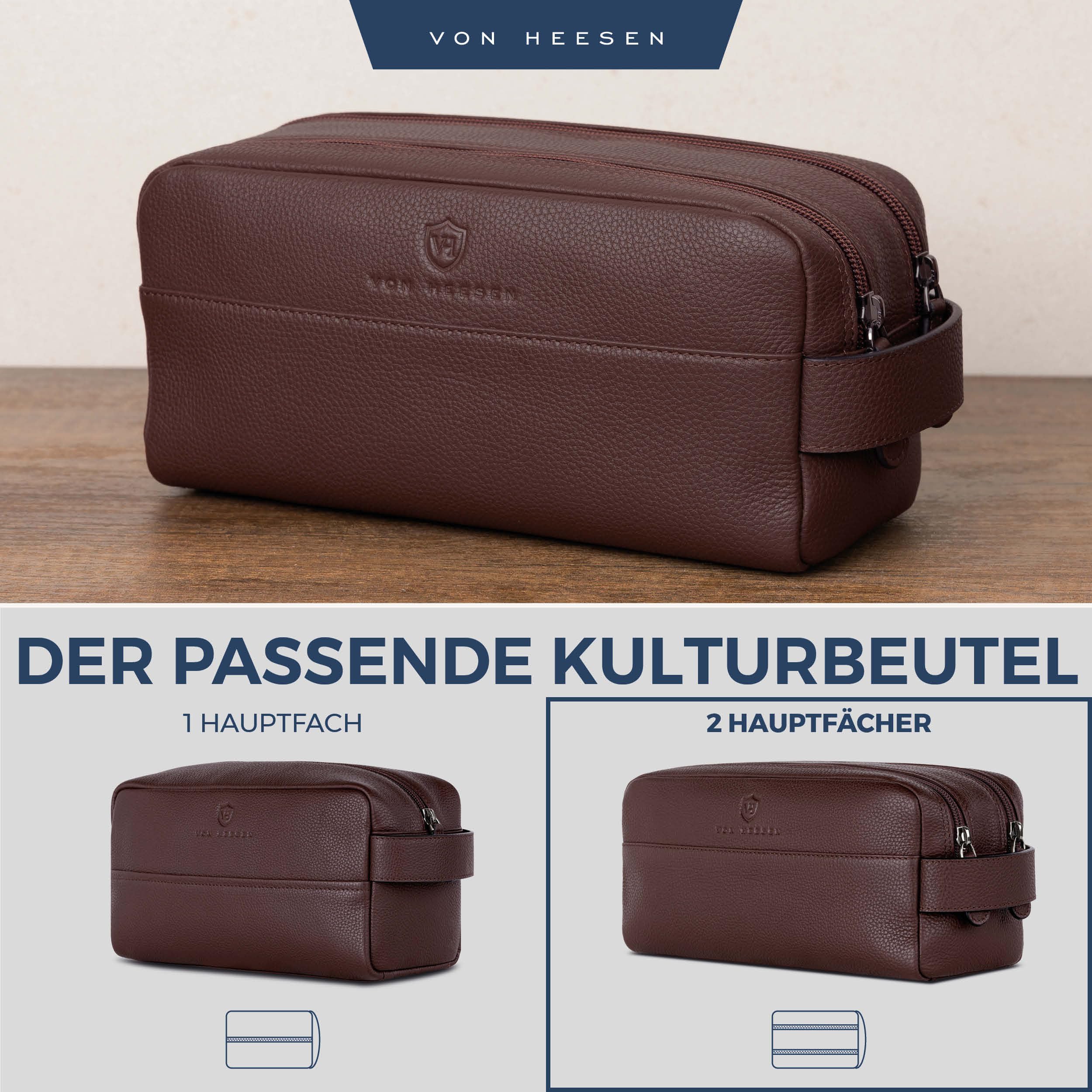 VON HEESEN Kulturbeutel Leder Kulturtasche für Herren & Damen - Echtleder Necessaire ideal zum Reisen - Waschtasche und Kosmetiktasche mit Zwei Hauptfächern braun, groß