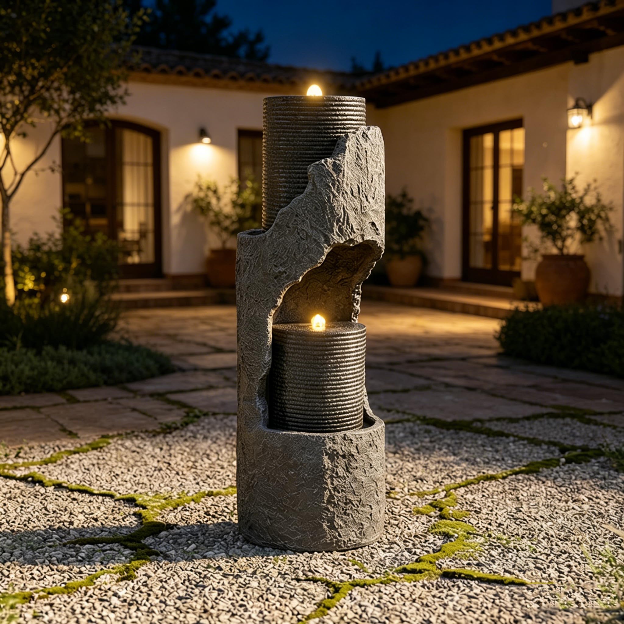 Fontana Cascata da Esterno in Poliresina Grigia con LED, Pompa, Gioco d'Acqua con Effetto Pietra Artificiale e Bacino Decorativo, Fontana Decorativa per Giardino, Terrazza, Balcone