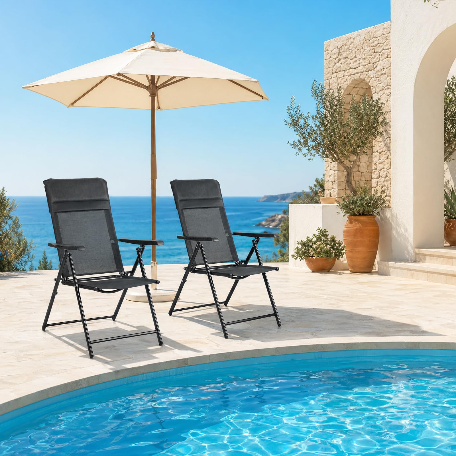 VOWNER Pack de 2 Sillas de Jardín Plegables – Silla Exterior con Respaldo Alto y Reposacabezas Extraíble – Sillones de Jardín de Textileno Transpirable y Metal – Ideal para Terraza, Balcónm, Negro