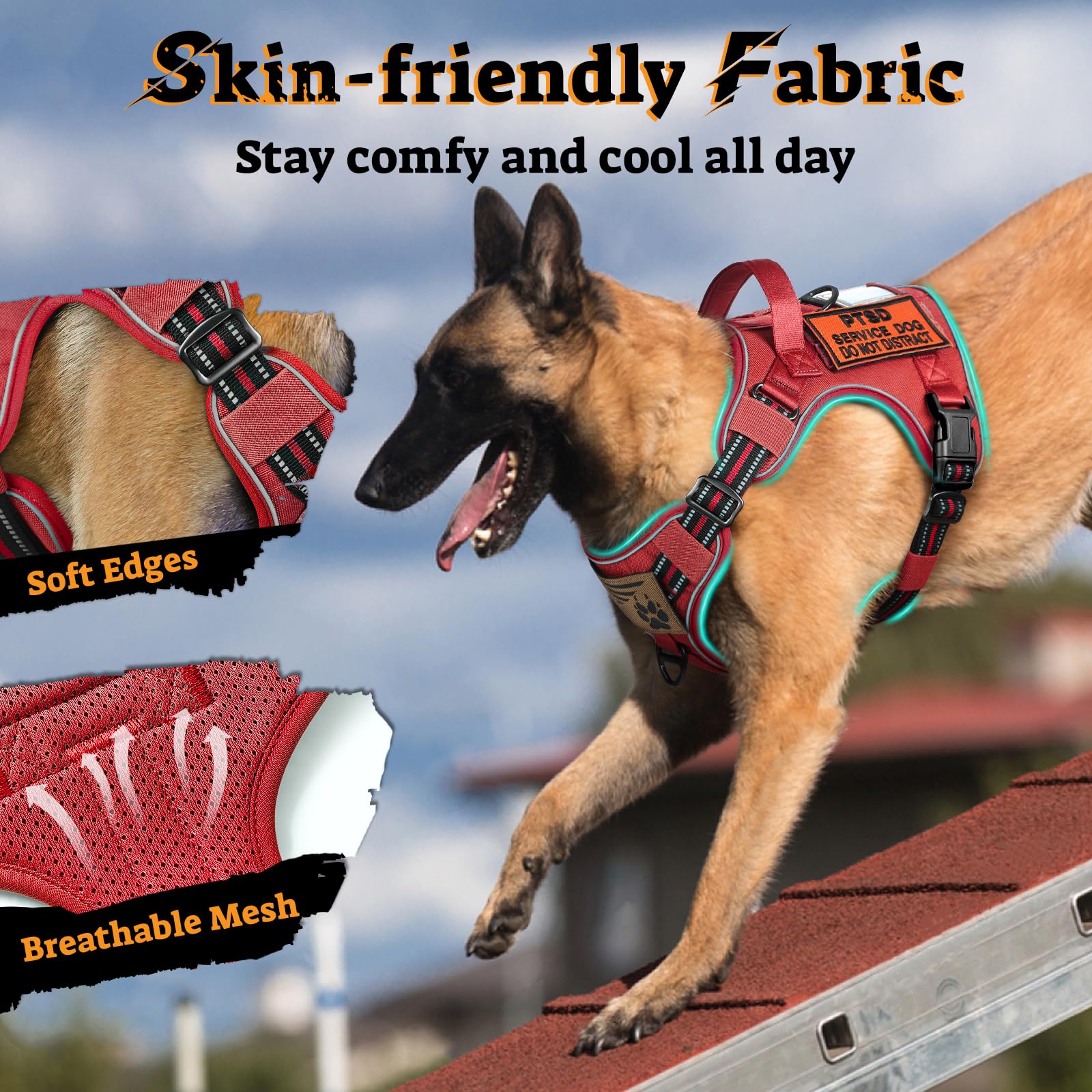 rabbitgoo Harnais pour chiens de grande taille, anti-traction, gilet tactique avec Molle et poignée de contrôle, harnais militaire réglable et réfléchissant pour une promenade et un dressage faciles,