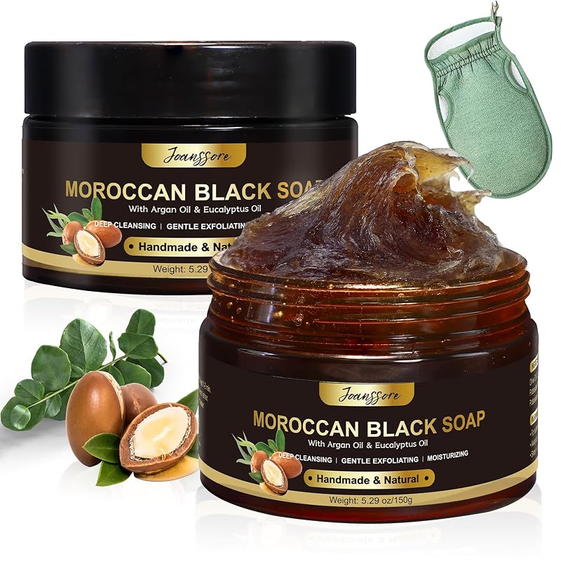 Sabonete preto marroquino Joanssore para banho Hammam com luva esfoliante, pacote com 2