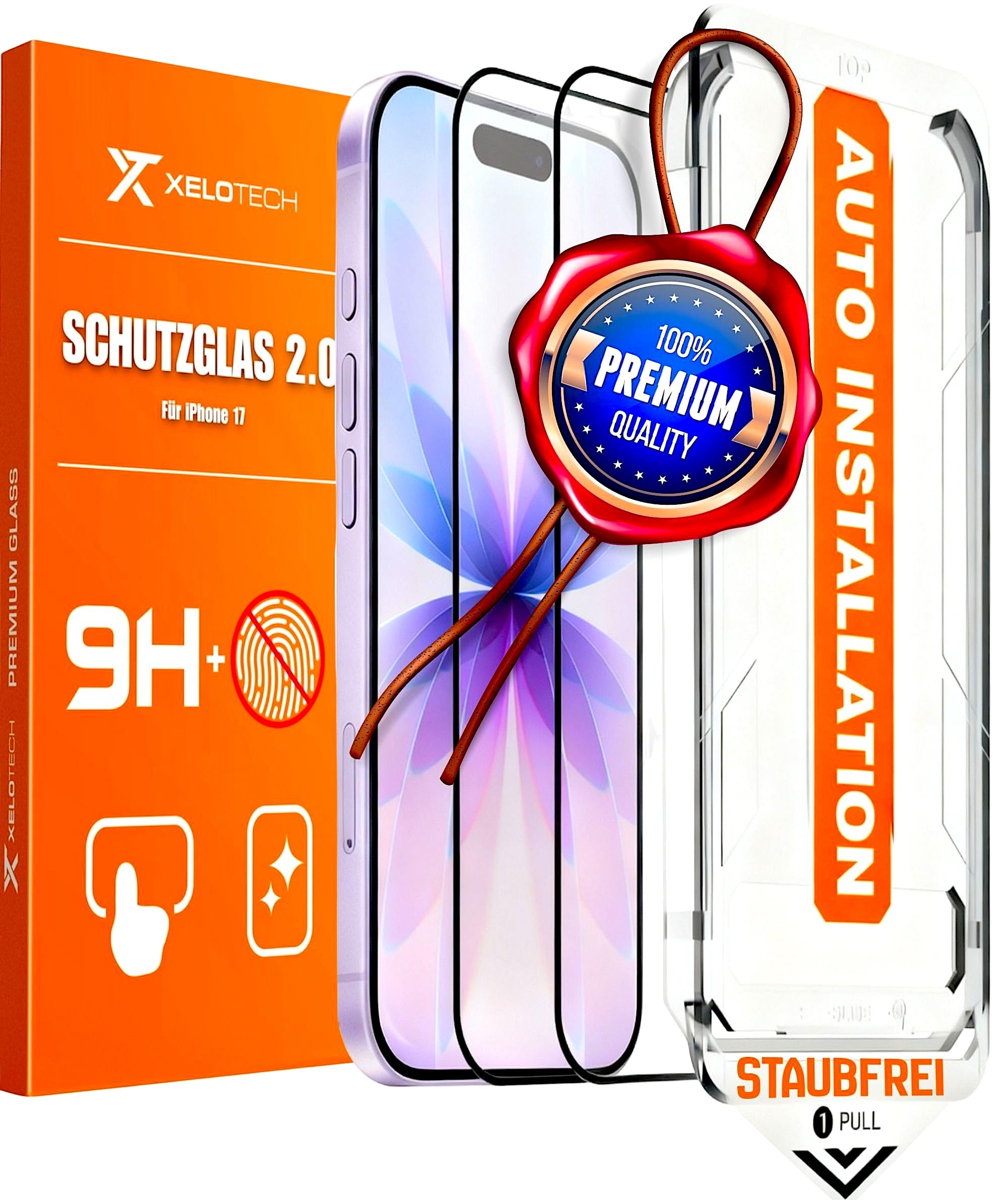 XeloTech Schutzglas für iPhone 17 aus Panzerglas [9H+] automatische Ausrichtung mit neuer Antistaub-Schablone, 2er Pack