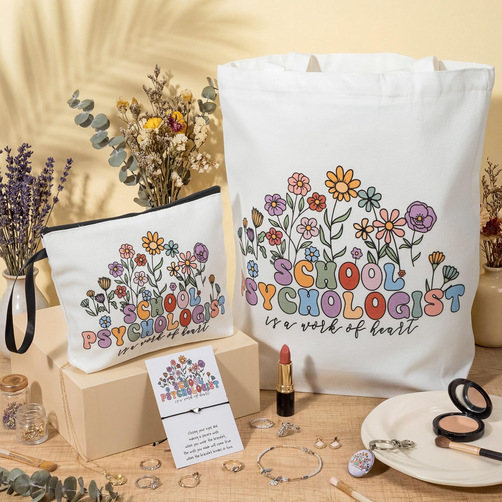 Sweetude 4 Pcs School Psychologist Gift Sets Includes Canvas Tote Bag, Heart Bracelet with Wish Card, Makeup Bag and Keychain Psychology Therapist Appreciation Gifts for Women Teachers Educators
