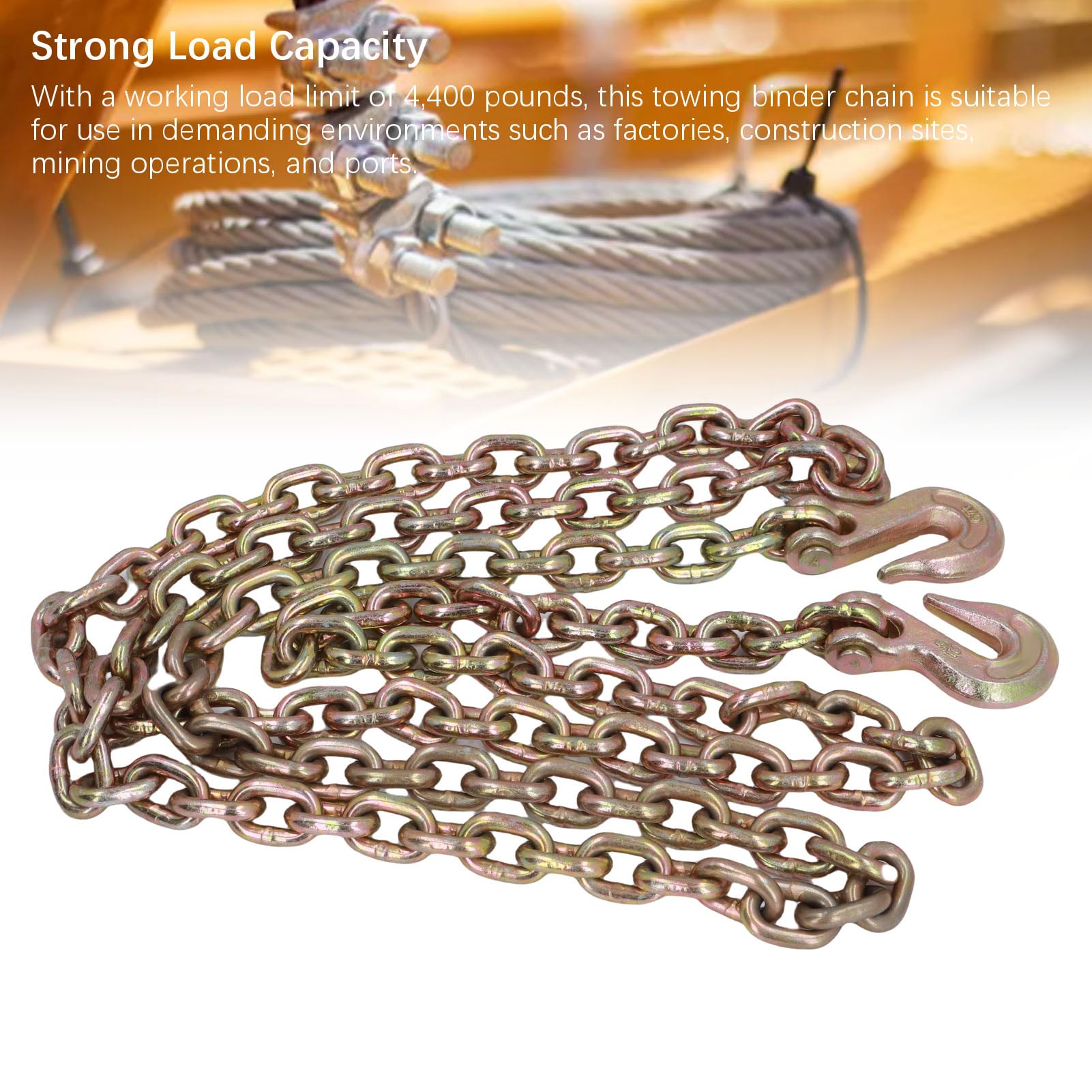 Hyuduo 4400 Libras Carga de Trabajo de 10 Pies G70 MN Cadena de Remolque de Acero con Ganchos de Agarre, Cadena de Carpetas con Recubrimiento Galvanizado para Uso Industrial, Cadena de