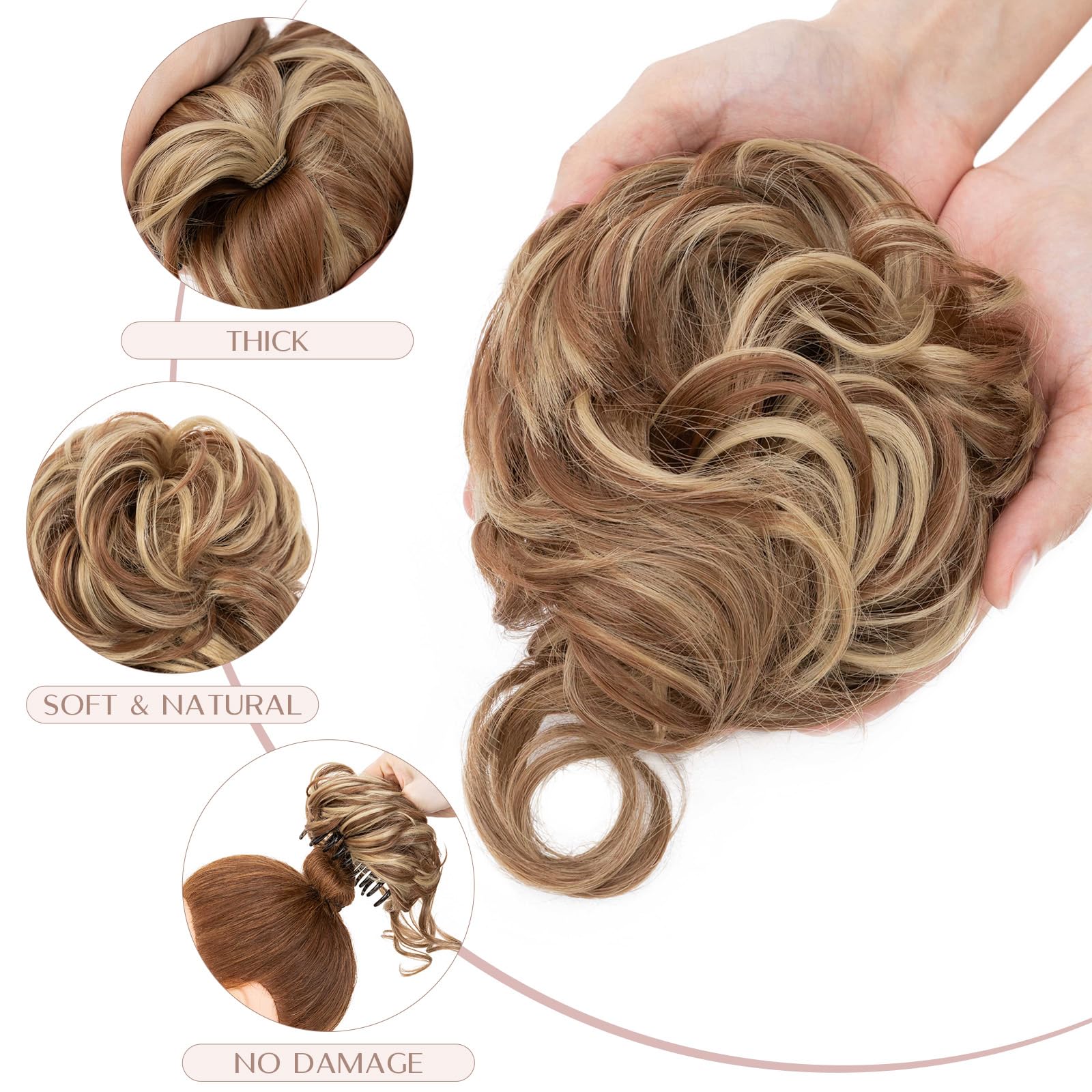 SEGO Tousled Updo Hair Bun Donut Synthetic Thick Hair Chignon 77G Claw Messy Bun Hairpieces Wavy Curly, Light Brown & Ash Blonde - Image 2