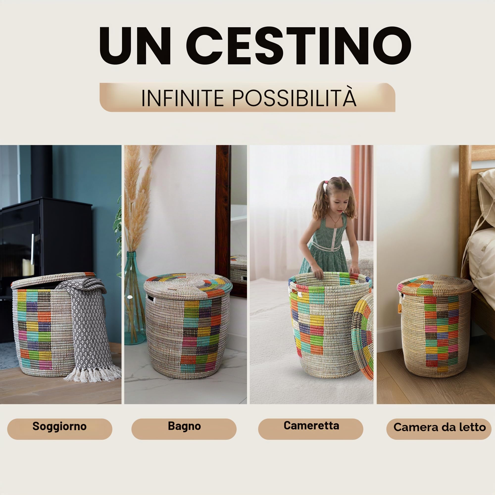 YAADU XL Cesto per la biancheria con coperchio 50L - Cesto intrecciato, cesto per giocattoli, cesto per la biancheria, raccoglitore per la biancheria Modello Numu (Bianco-Ato-Rettangolare)