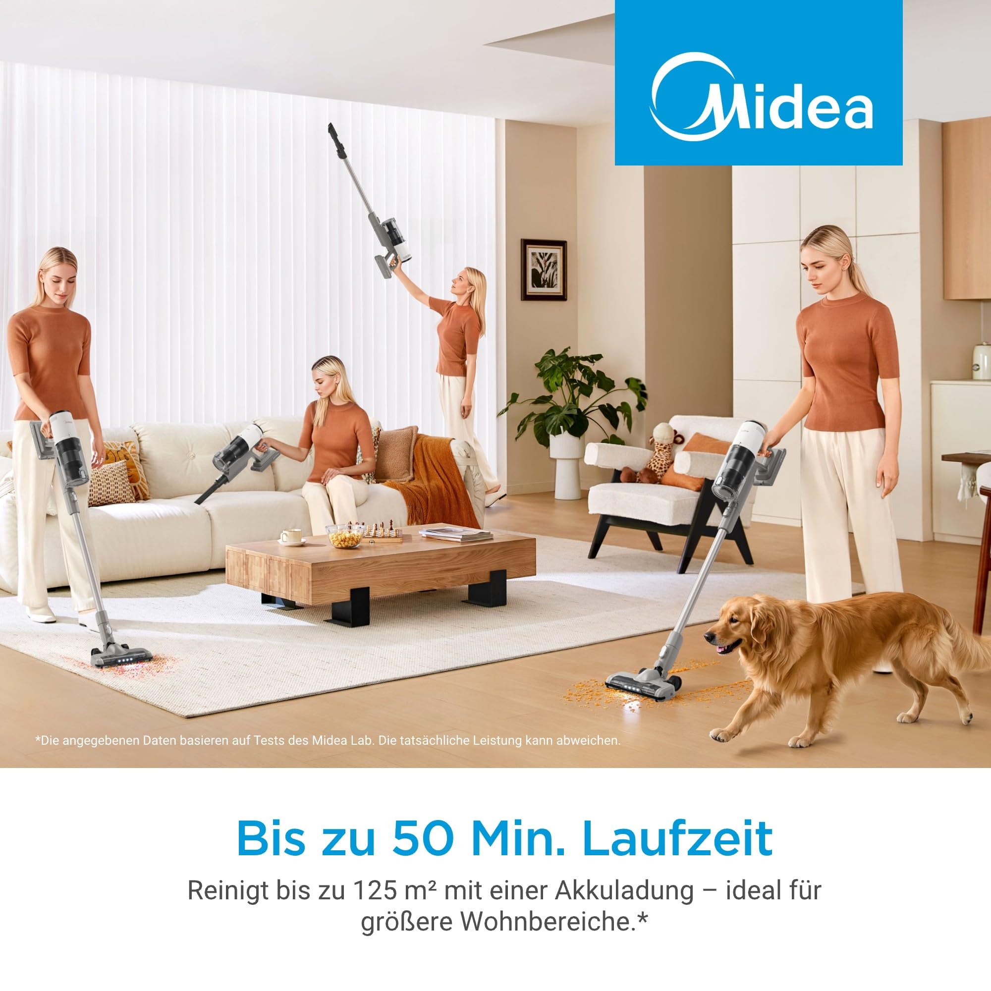 Midea P9 Lite Akku Staubsauger, kabelloser Stielstaubsauger 350 W, bis zu 26 kPa, bis zu 50 Min. Laufzeit, 5-stufiges Filtersystem, LED-Bodendüse, Handstaubsauger, 0,56 L, Weiß/Grau