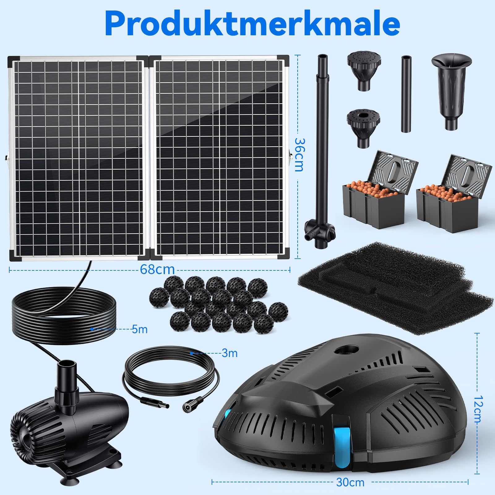 POPOSOAP Filtro de estanque con fuente solar de 55 W, filtro solar para estanque con bomba de 2000 l/h y kit de fuente, manguera de PVC de 2 m, ideal para estanques koi, cascadas y fuentes de agua