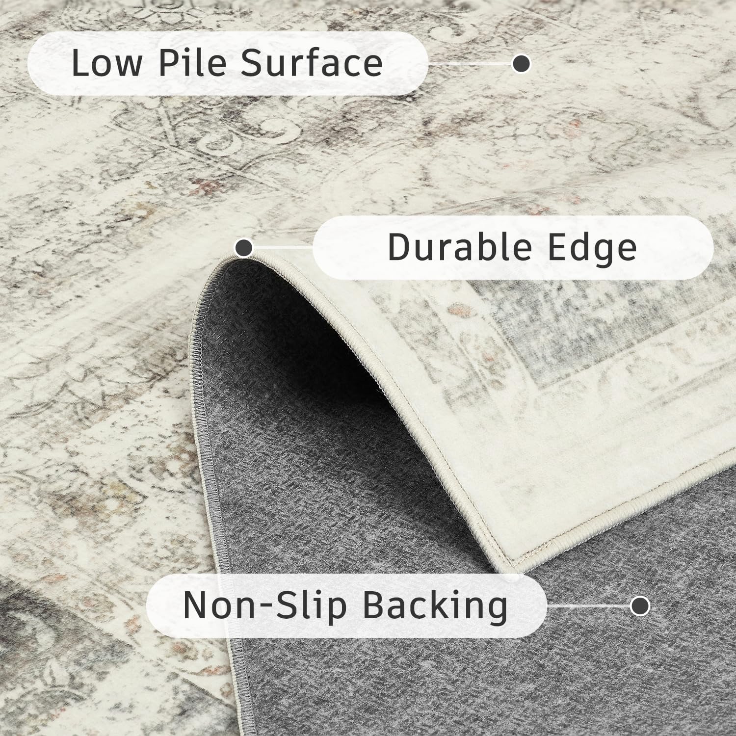 DCX 4x6 Beige Rug, Machine Washable Stain Resistant Distressed Vintage Rug, Kid & Pet Friendly with Rubber Back Non Slip Soft Low Pile Large Carpet for Living Room, Bedroom, Home Office