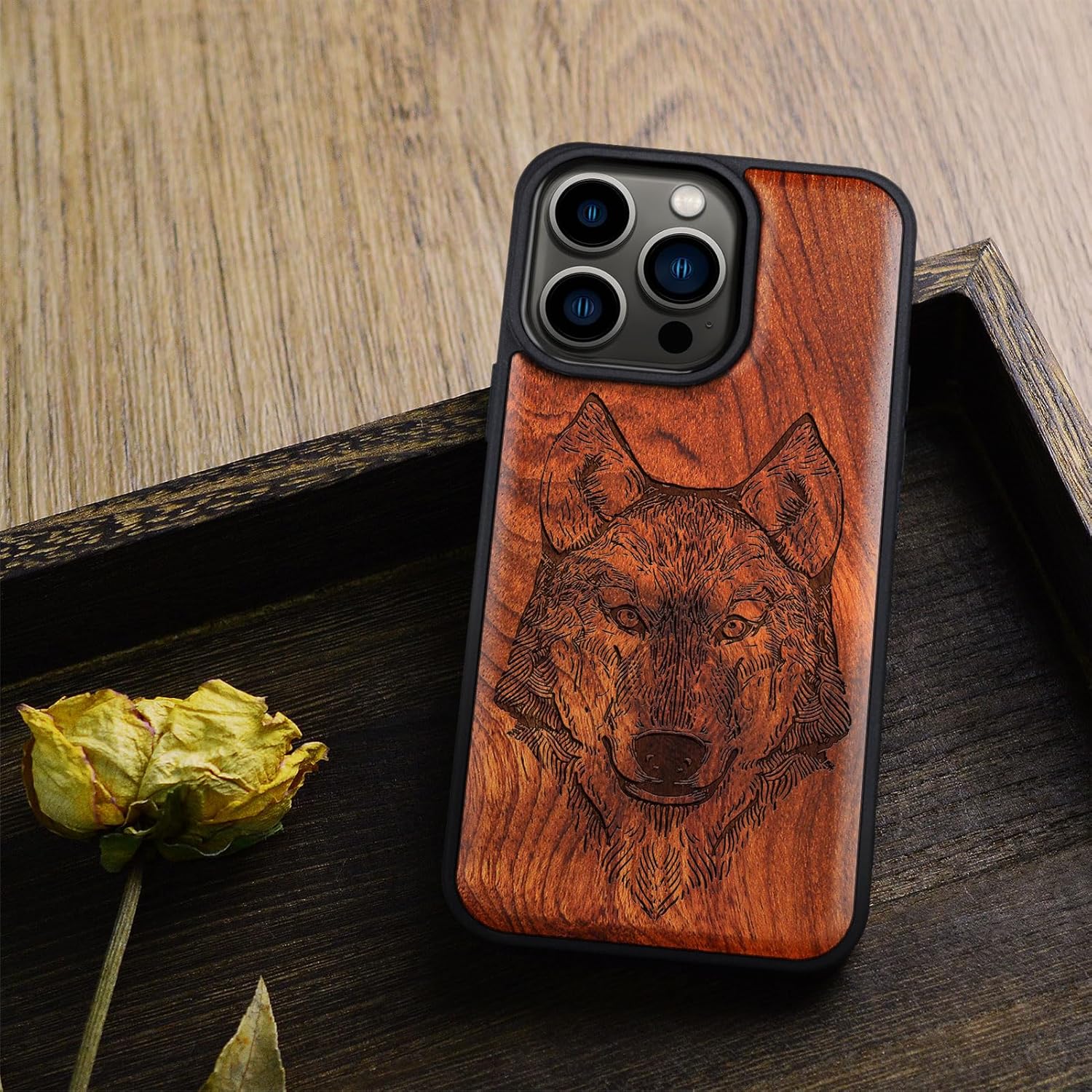 Carveit Magnetic Wooden Case for iPhone 15 Pro Case, Compatible with MagSafe Wireless Chargers, Black Soft TPU Shockproof Cover & Wood Artisan Engraved (Wolf Head) - Rosy