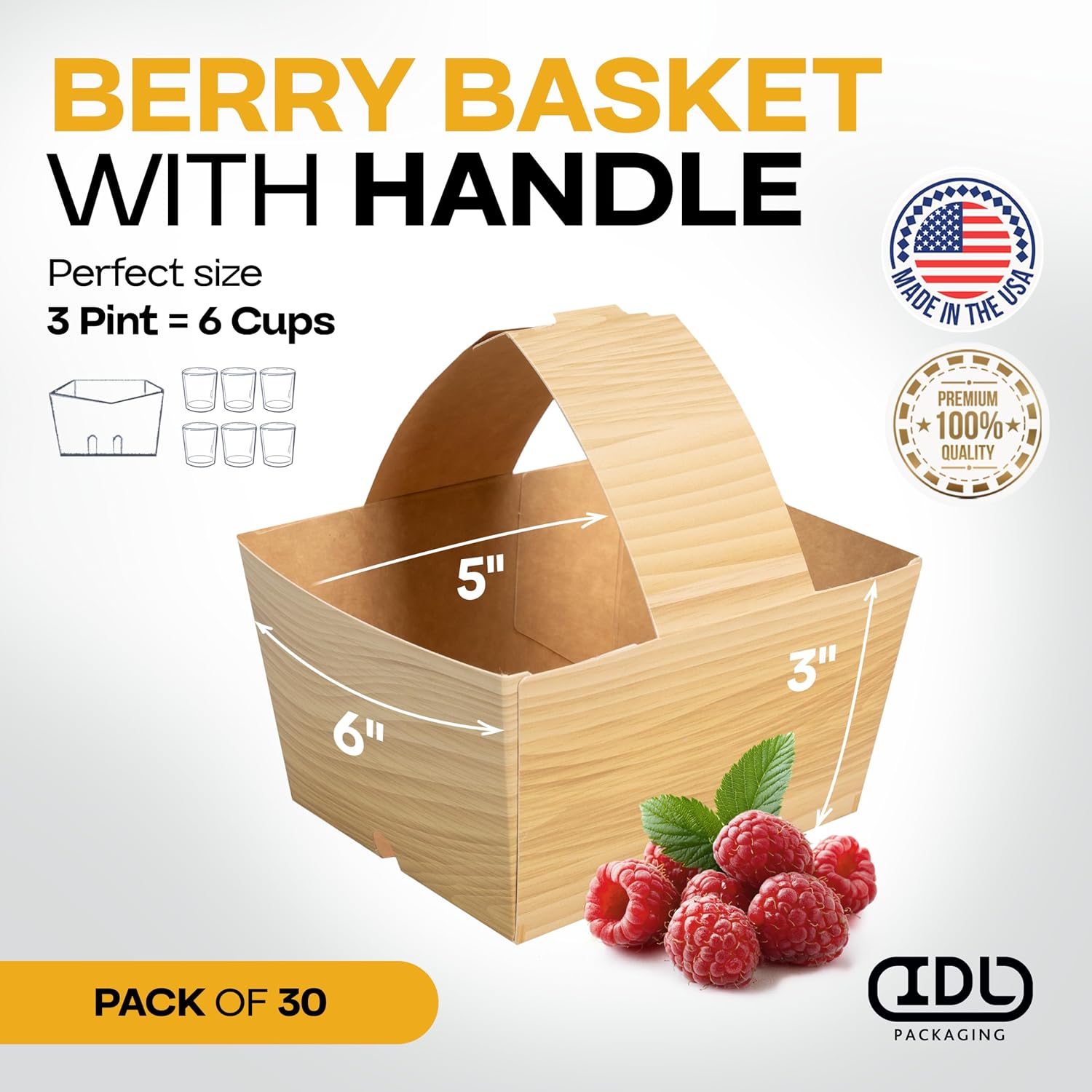 IDL Packaging 3-Pint Berry Baskets with Handles, Wood Grain Print (Pack of 30) – USA-Made, Durable Food-Safe Cardboard Berry Trays for Fruits & Veggies – Perfect for Farmers Markets & Grocery Displays