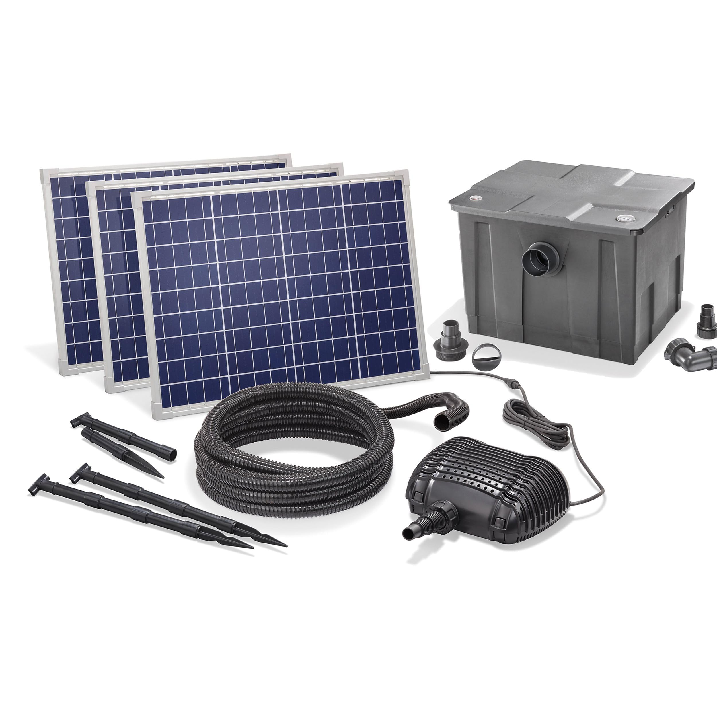 esotec Solar Teichfilterset Premium 150/5000, Teichfilter Komplettset mit Pumpe 5000 l/h, Gartenteich Außenfilter, 150W, mehrere Programm-Modi, Teichpumpe Förderhöhe 2,5m, IP68 101082