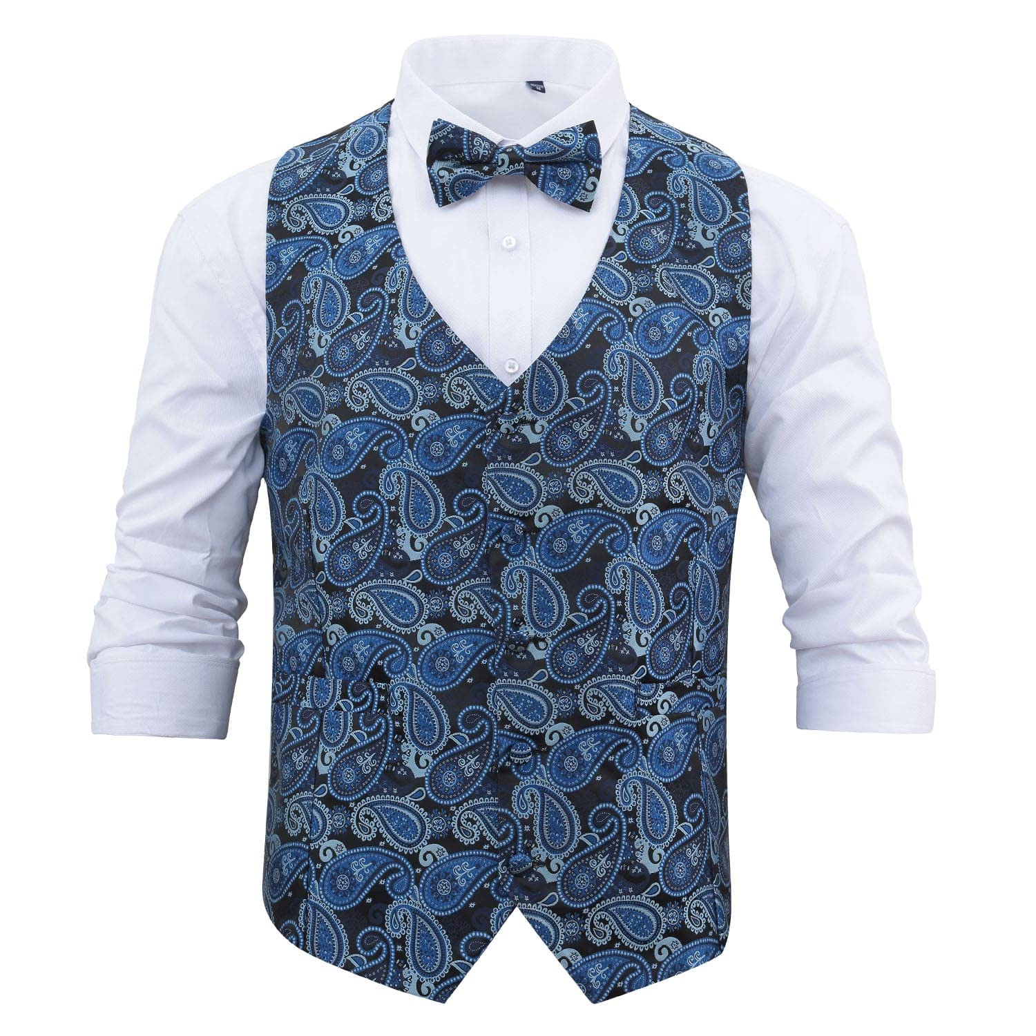DQT Mens Paisley Bohemian Wedding Waistcoat & Bow Tie Set – Formal Suit Groom Best Man – Blue & Black – 2XL (44")