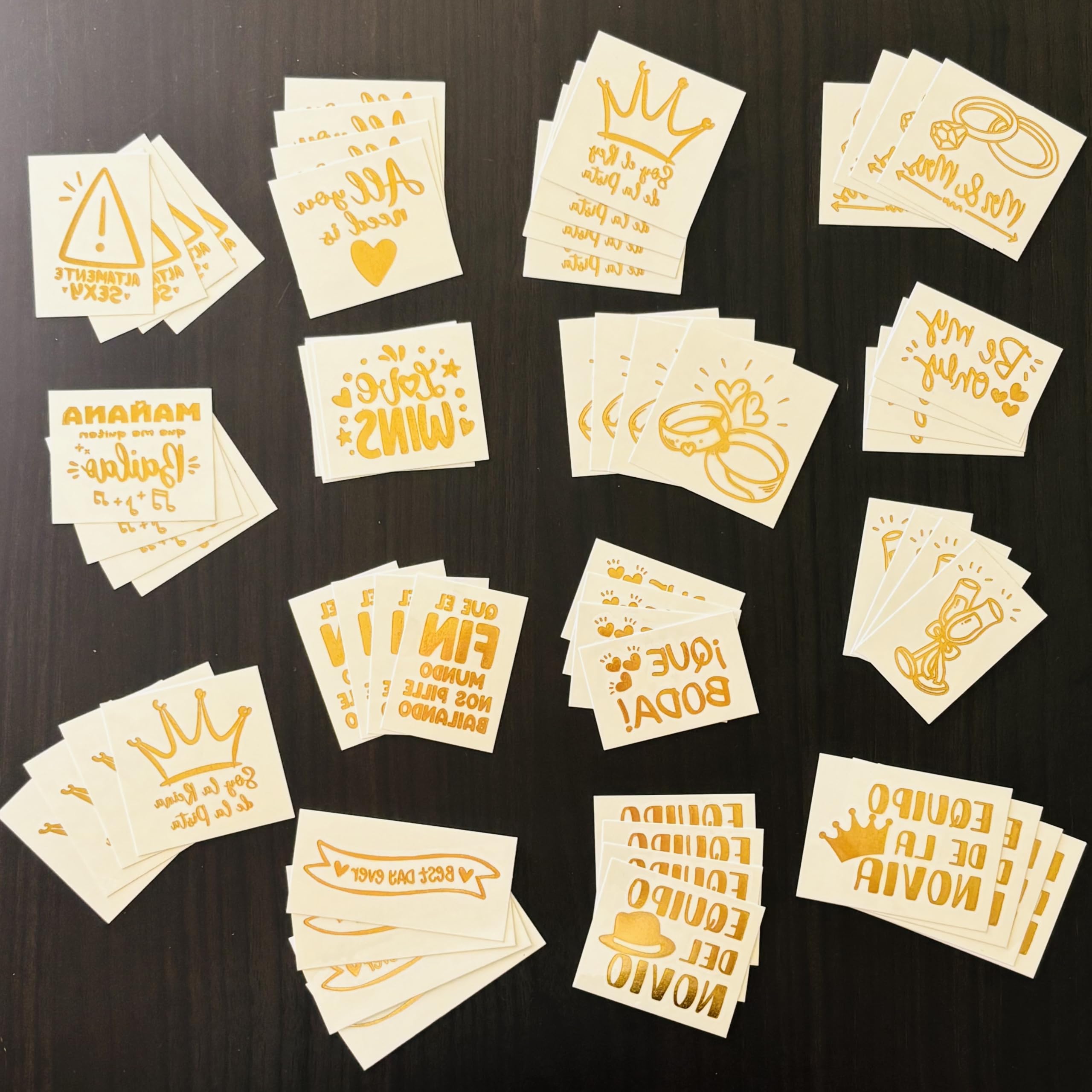 Tatuajes temporales boda - Set 60 tatuajes temporales para boda dorado - Calcomanías para bodas con diseños variados - Tatuajes para bodas, dorado metalizado