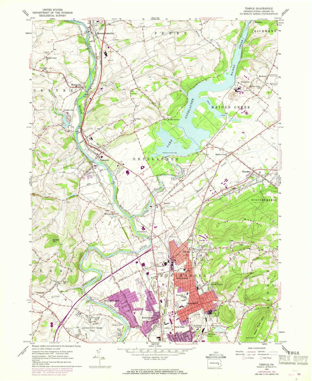 YellowMaps Temple PA topo map, 1:24000 Scale, 7.5 X 7.5 Minute, Historical, 1956, Updated 1969, 26.9 x 22.1 in - Polypropylene