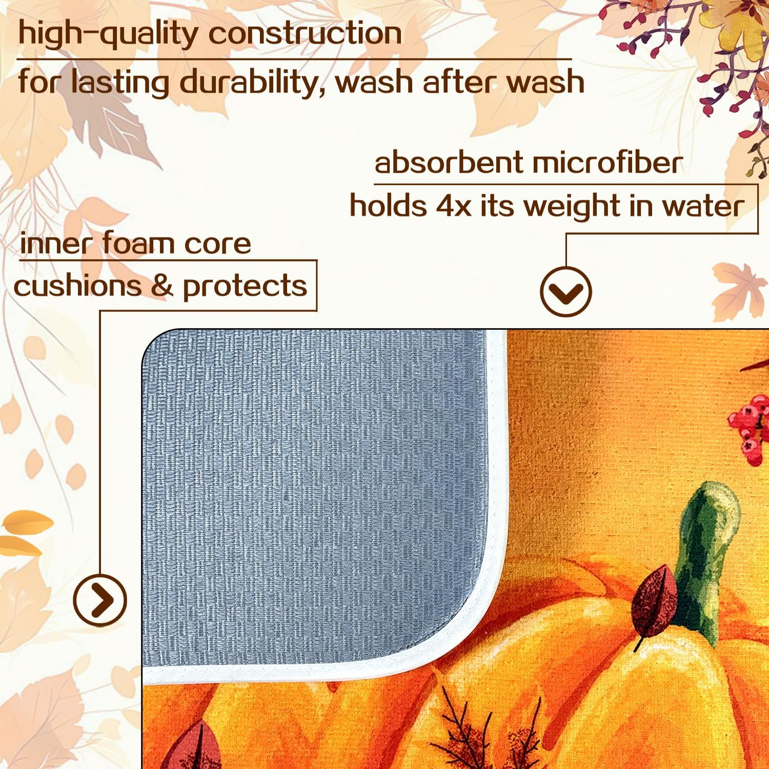Fall Dish Drying Mat, Harvest Pumpkin Maple Leaf Kitchen Pad 18x24 Inch