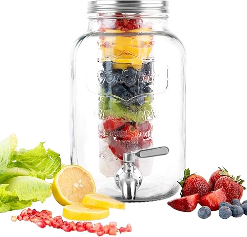 Miniatura 7 de Dispensador de bebidas de vidrio de 2 galones con infusores de hielo y frutas, espita de acero inoxidable y tapa de metal, dispensador de bebidas de