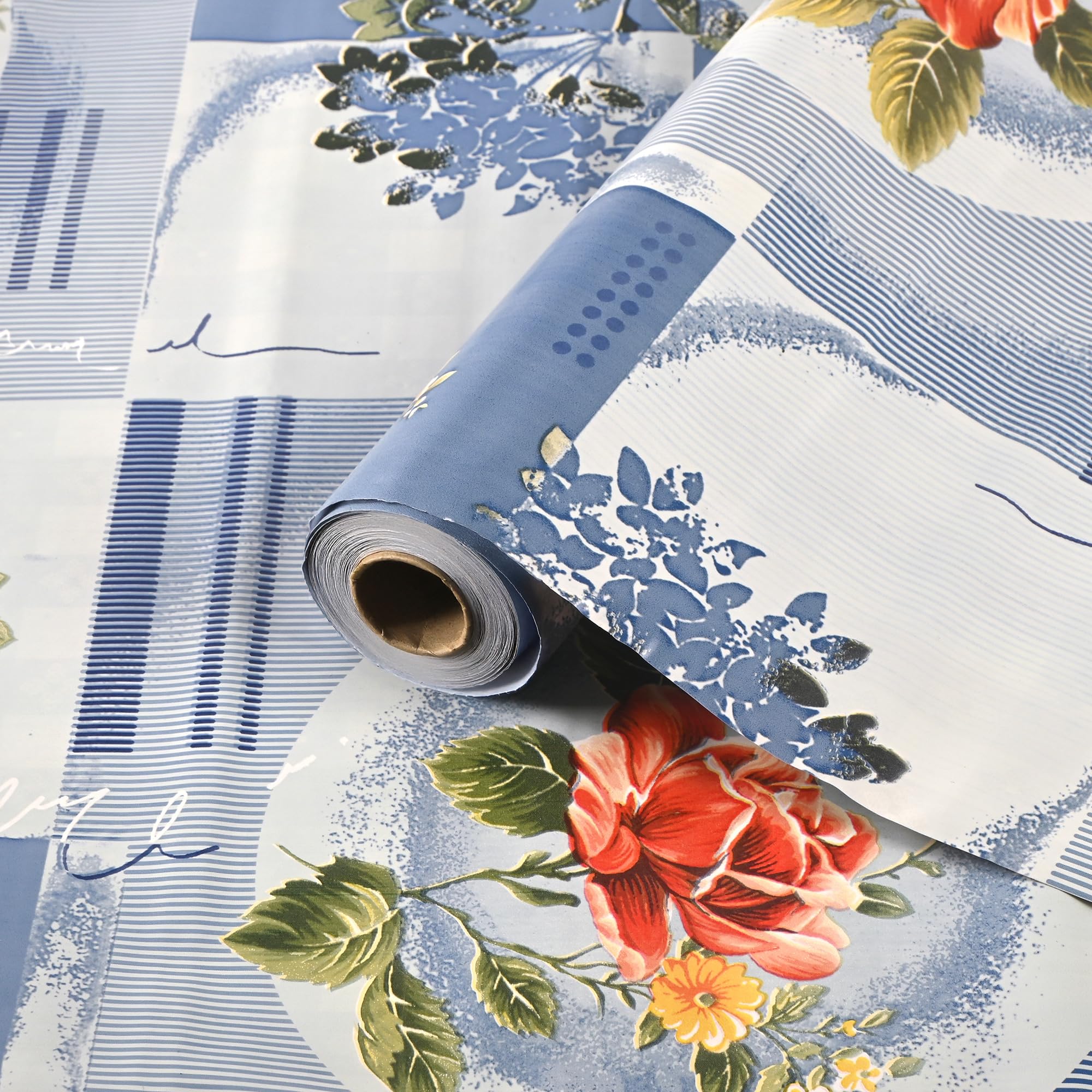 Kuber Industries 10Mtr PVC Reversible Shelf Liners for Kitchen Shelves | Cupboard Mat for Wardrobe | Kitchen Shelf Mats Roll | Flower Check Design - Blue