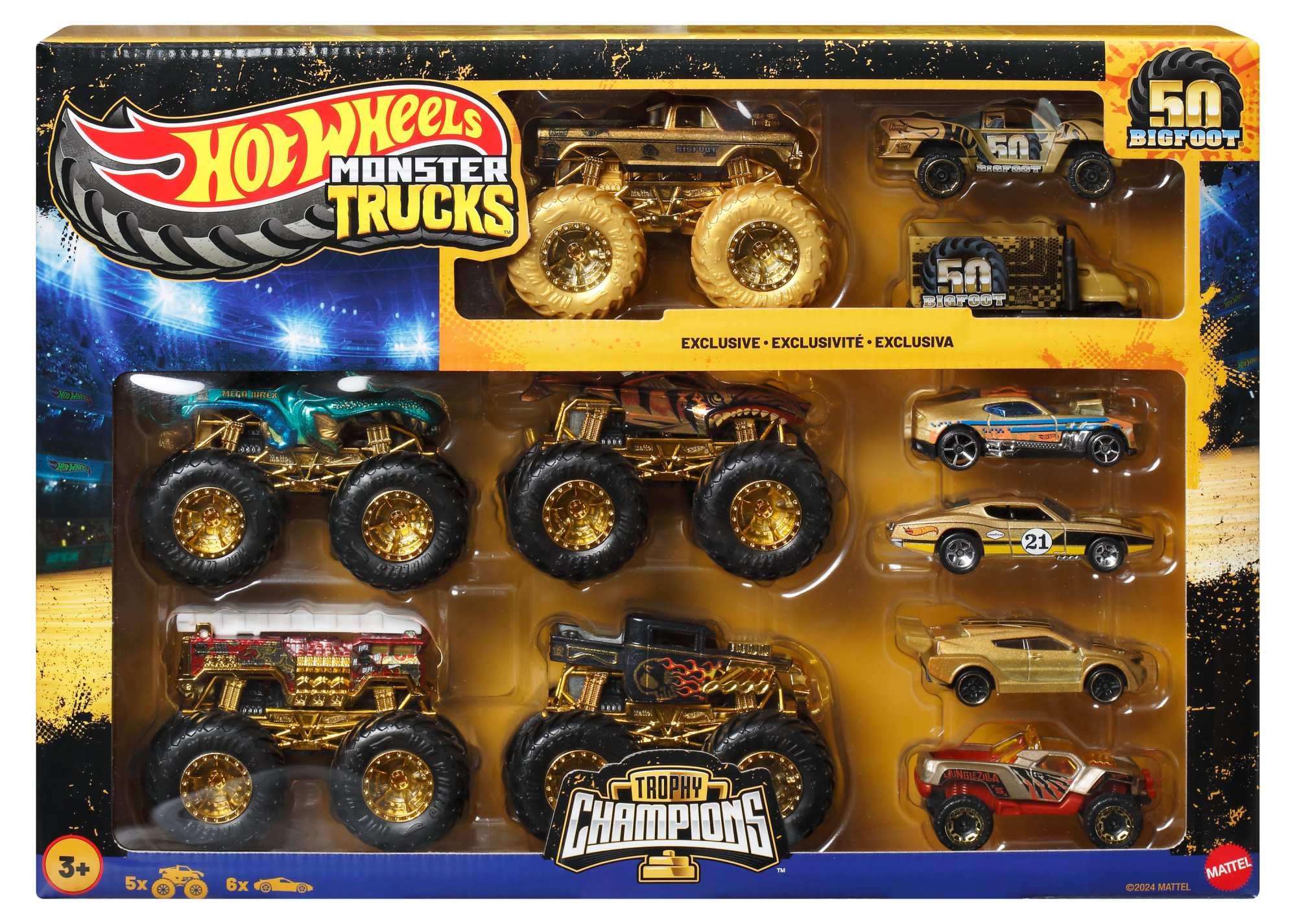 Hot Wheels Toy Cars & Trucks, Monster Trucks Trophy Champions Collection with Die-Cast Bigfoot, 5-Alarm, Bone Shaker