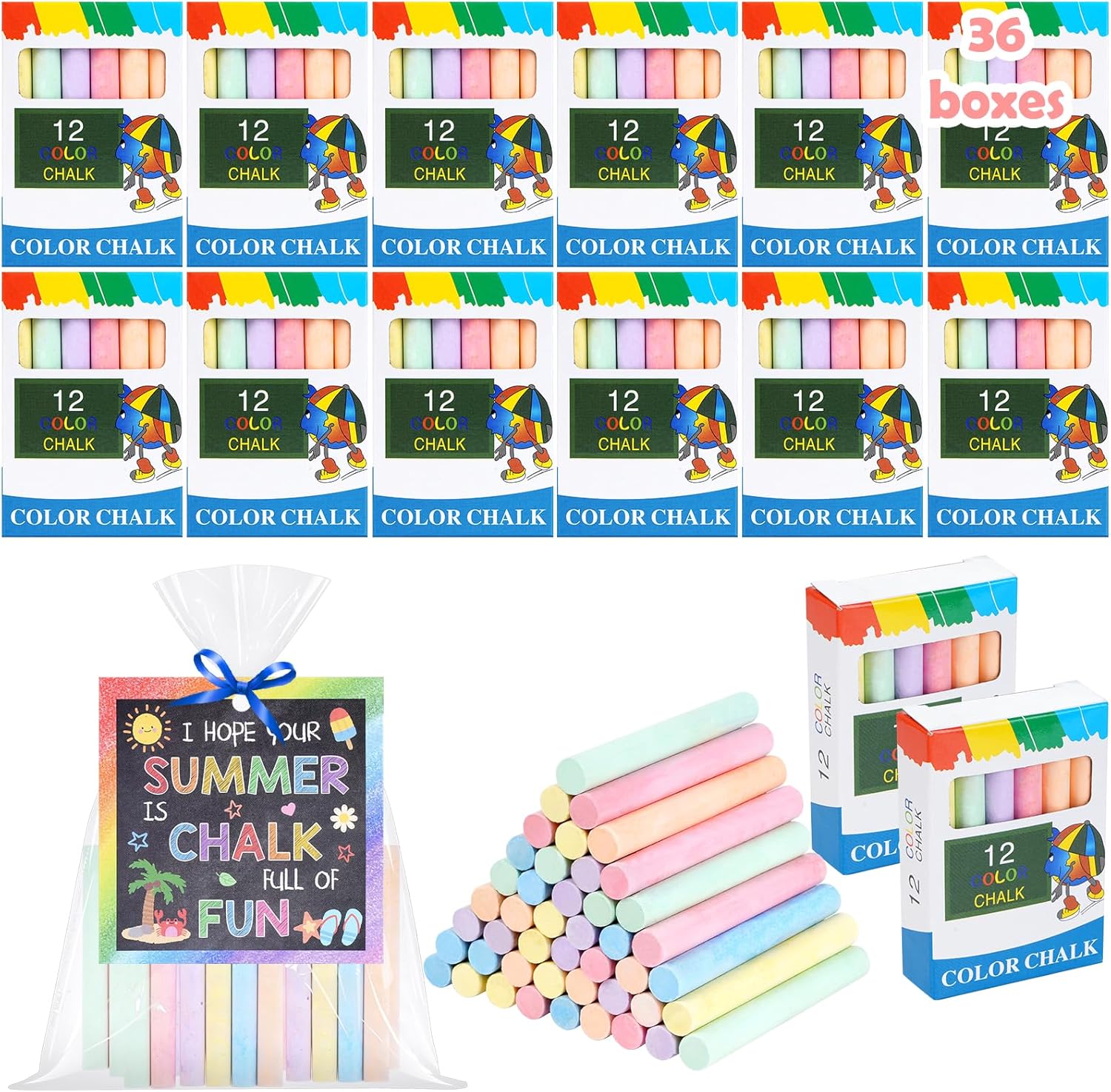 36 Set Sidewalk Chalk End of Year Student Gifts, Colored Chalk Bulk with Card Wrapping Bag Ribbons, End of School Students Gift from Teacher for Classroom Chalkboard Outdoor Graduation Party Favor