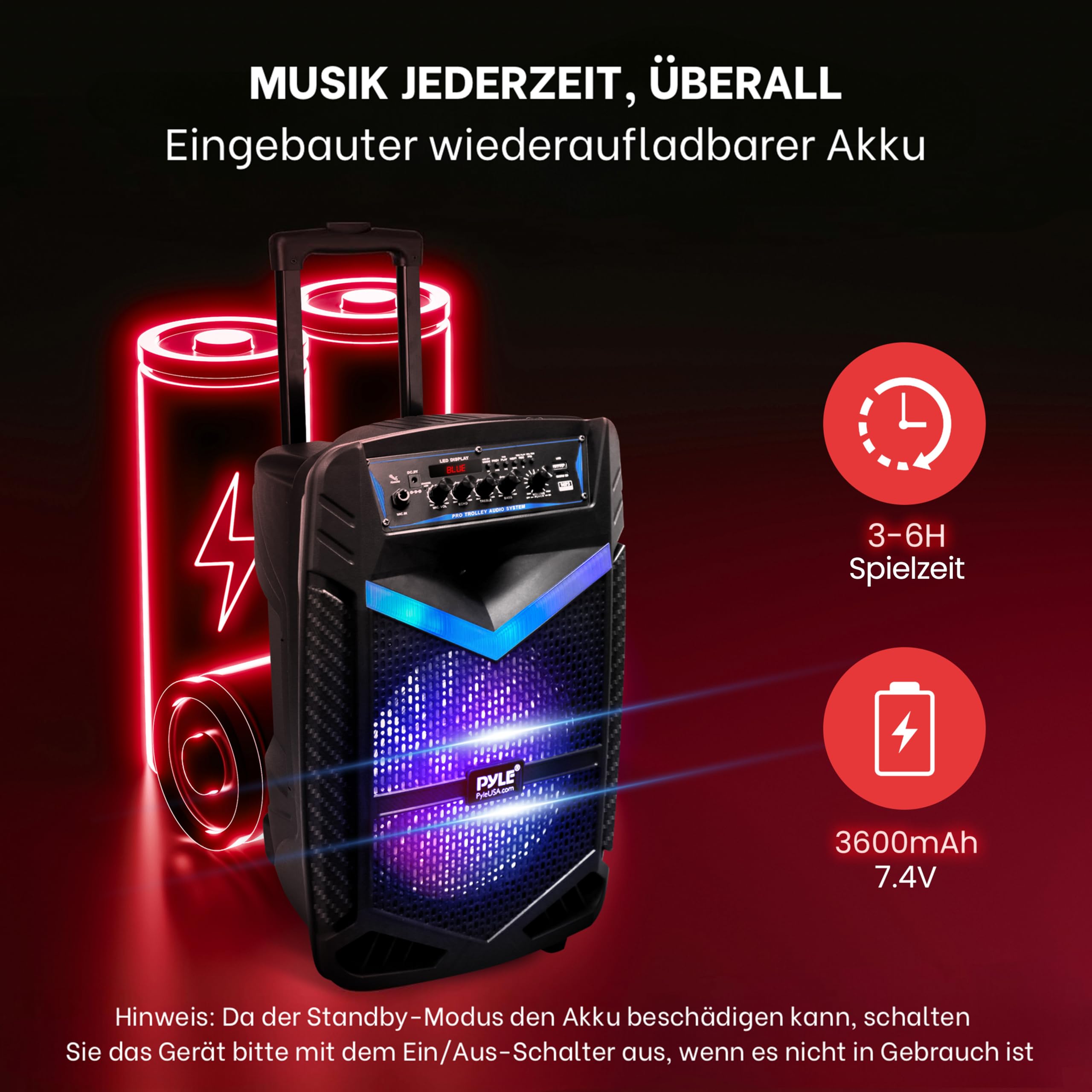 Pyle PA Bluetooth Lautsprecher- Karaoke Maschine mit Karaoke Mikrofon, 600W, Musikbox Bluetooth Box, Partybox, Rechargeable, 10” Subwoofer, 1” Tweeter, Aufnahmefunktion, Partybeleuchtung, USB/SD-Radio