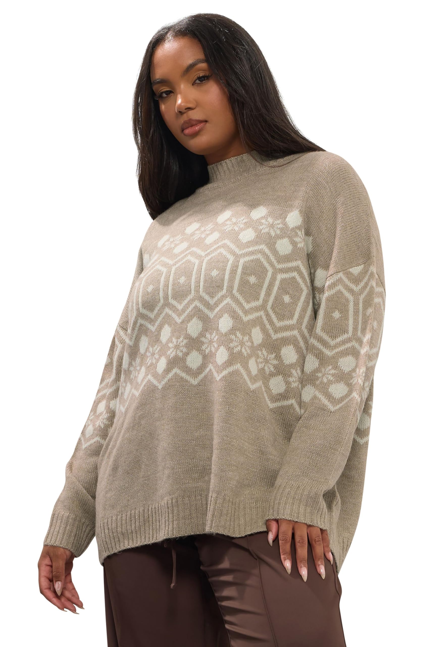 Yours Women's Natural Curve Brown Fairisle Jumper - Plus Size Curve
