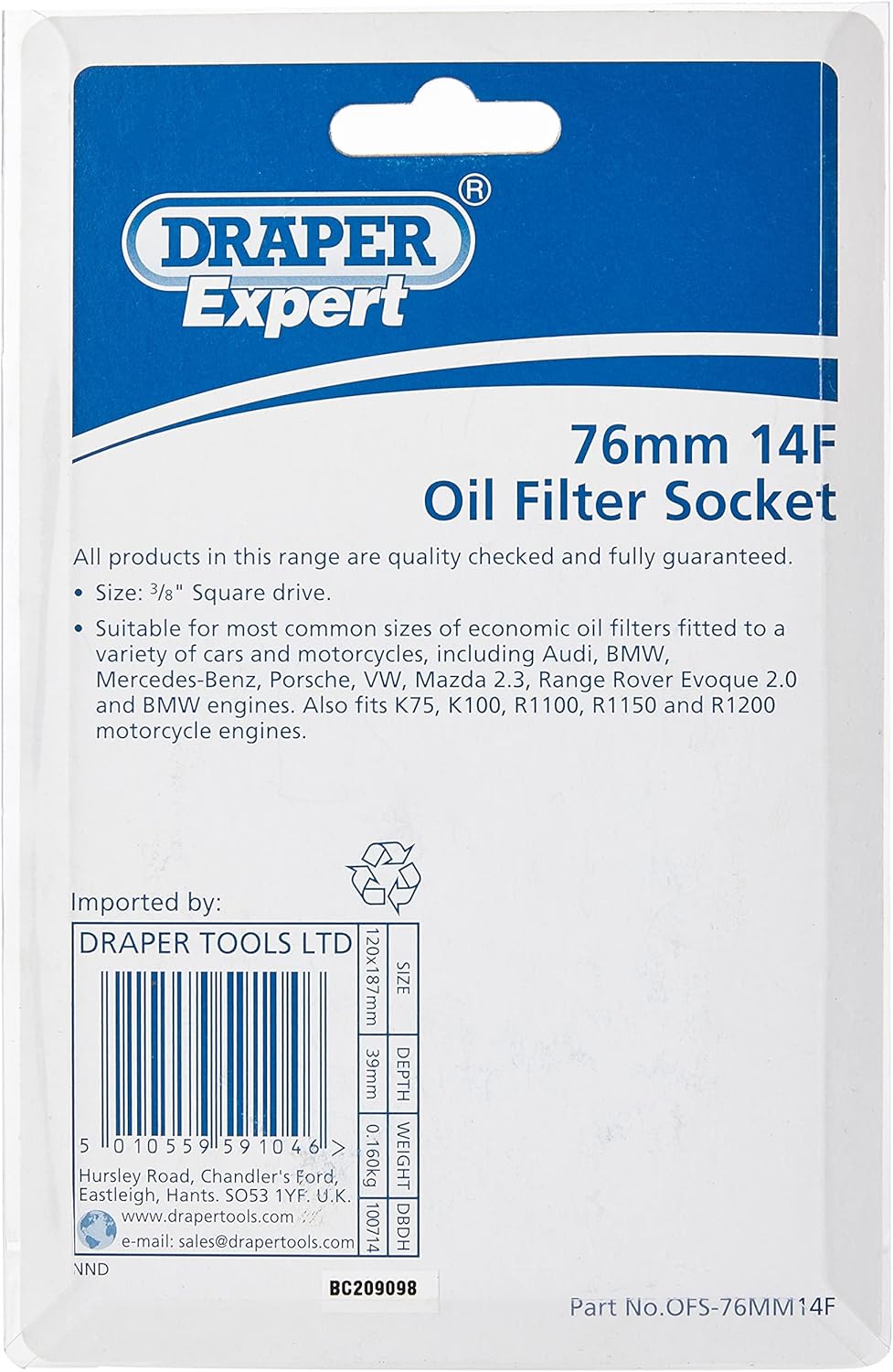 Draper 59104 Expert 3/8" Sq. Dr. Oil Filter Socket