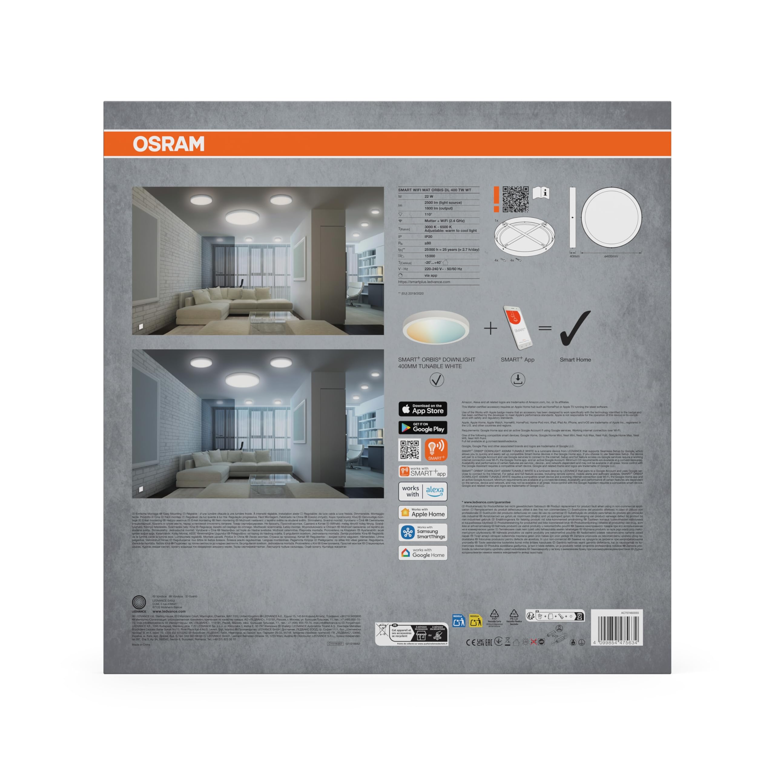 OSRAM SMART+ Matter Orbis LED downlight, okrągły 400 mm, 22 W, 1800 lm, 3000–6500 K, Matter przez WiFi, aluminium biały
