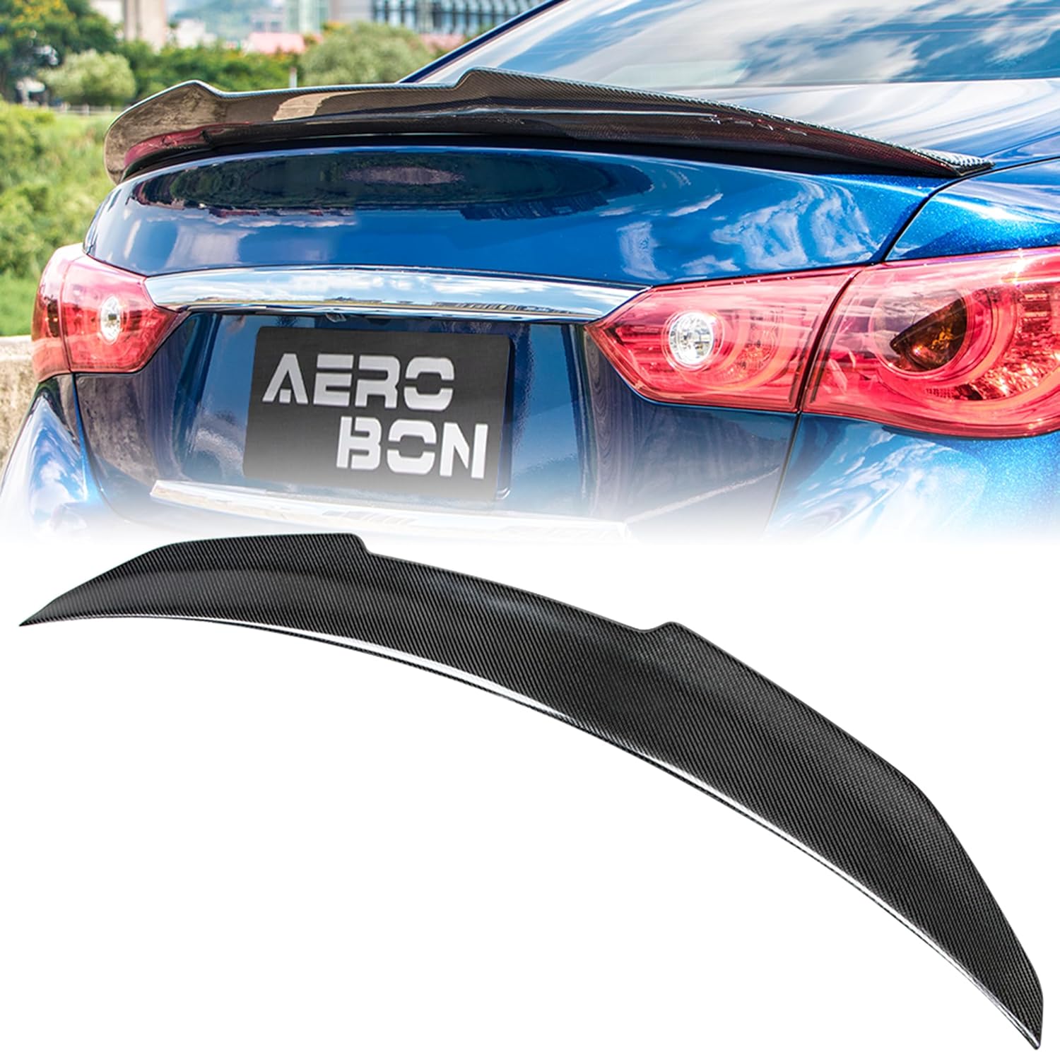 AeroBon Real Carbon Fiber Trunk Spoiler Compatible with 2014-2024 Infiniti Q50 Q50S Rear Spoiler (H Style) High Kick