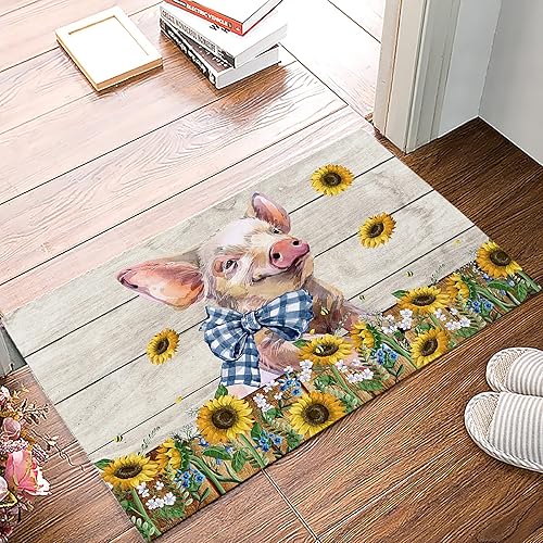 Lindo cerdo de granja con lazo girasoles en tablones de madera antigua tapete de ducha para baño tapete antideslizante tapete absorbente para