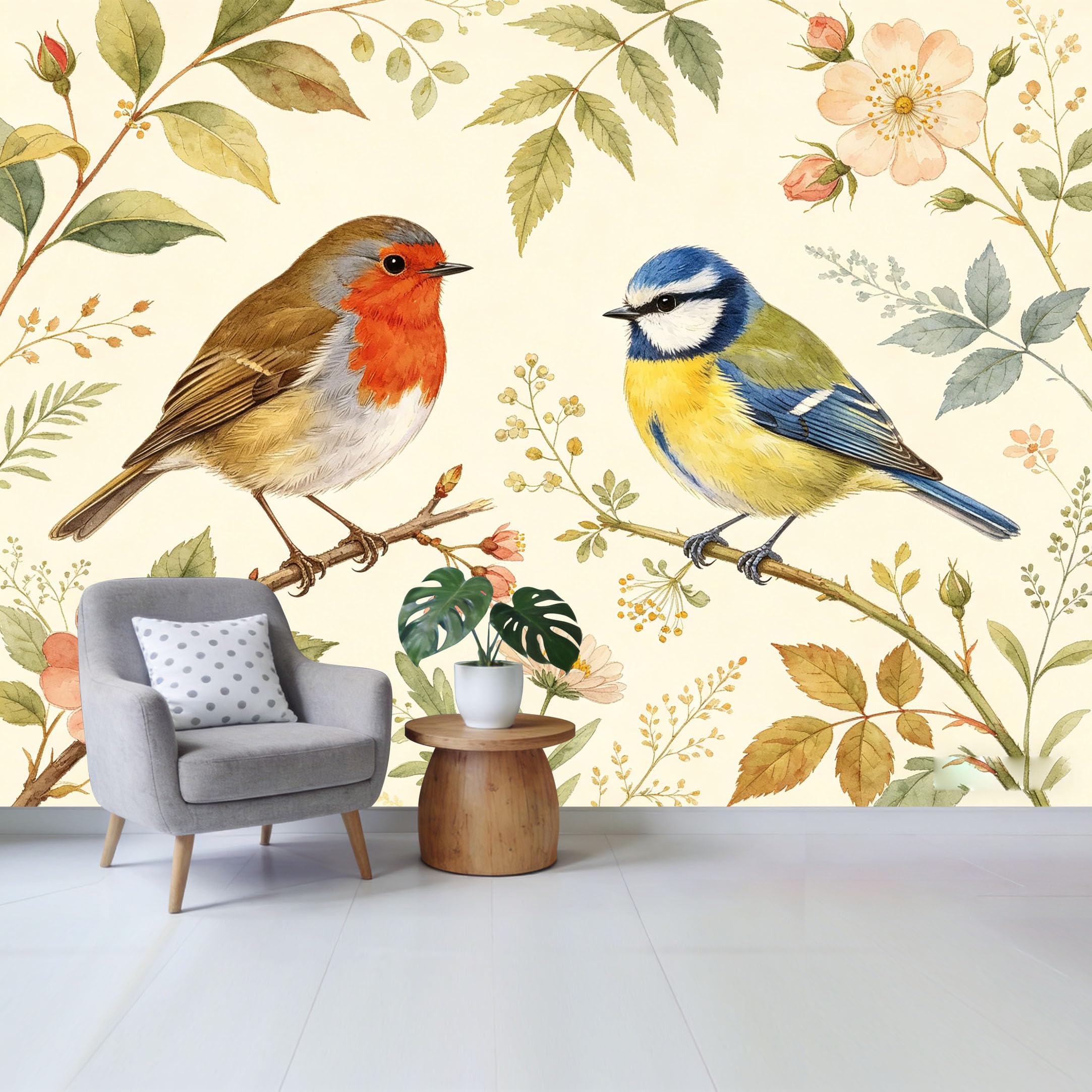 Custom Size Wall Mural Watercolor Birds and Floral Botanical Pattern SelfAdhesive Wall Fabric Removable Wallpaper for Home Office Decor