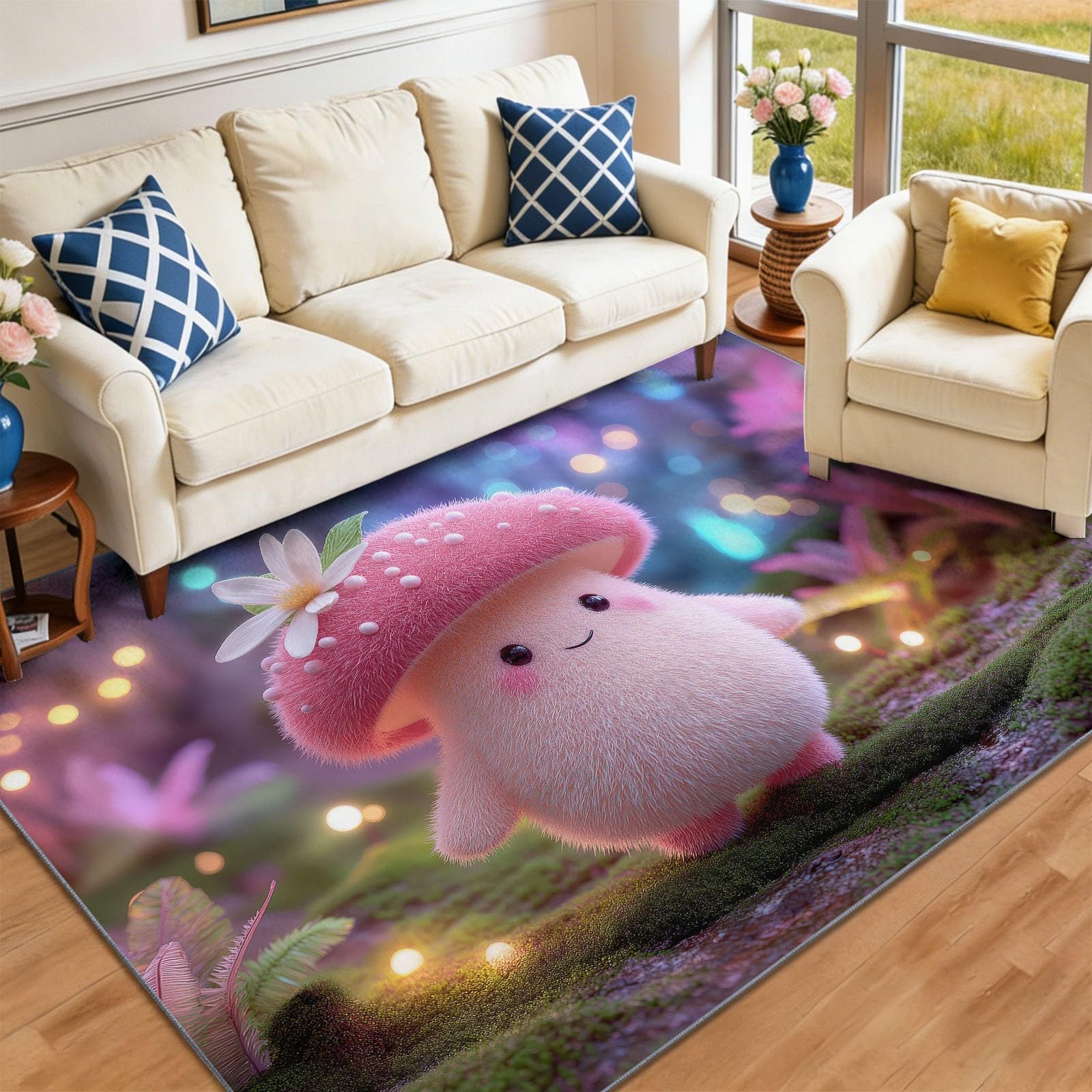 Dywan można prać w pralce, zaczarowany las i grzyby, do salonu, sypialni, jadalni, 140 x 200 cm, miękki dywan do pokoju dziecięcego, różowy