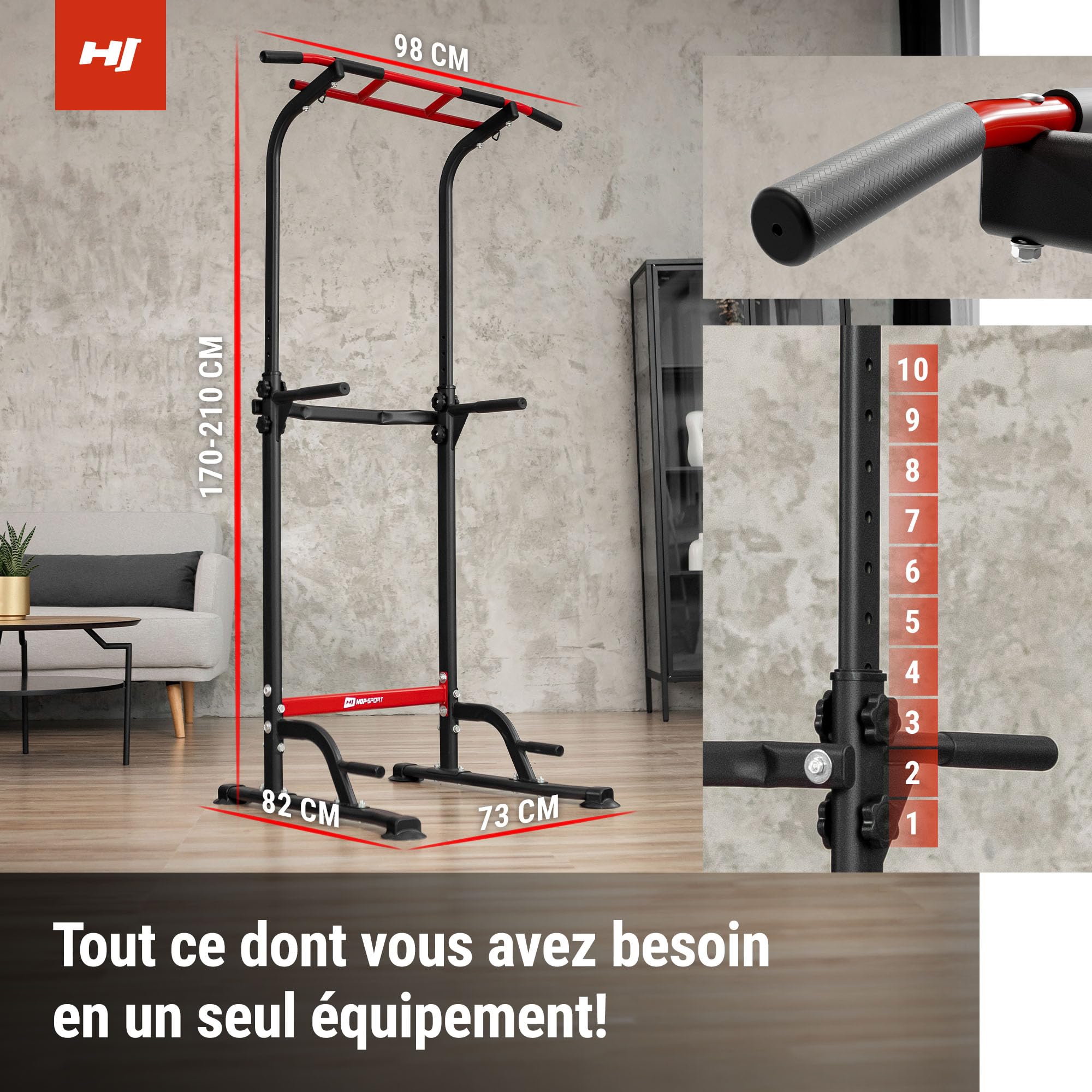 HOP-SPORT® Power Tower HS-2012K avec Station de dips, Tour de Musculation Multifonction Complet avec Barre de Traction réglable, Chaise Romaine avec Charge Max. 150 kg