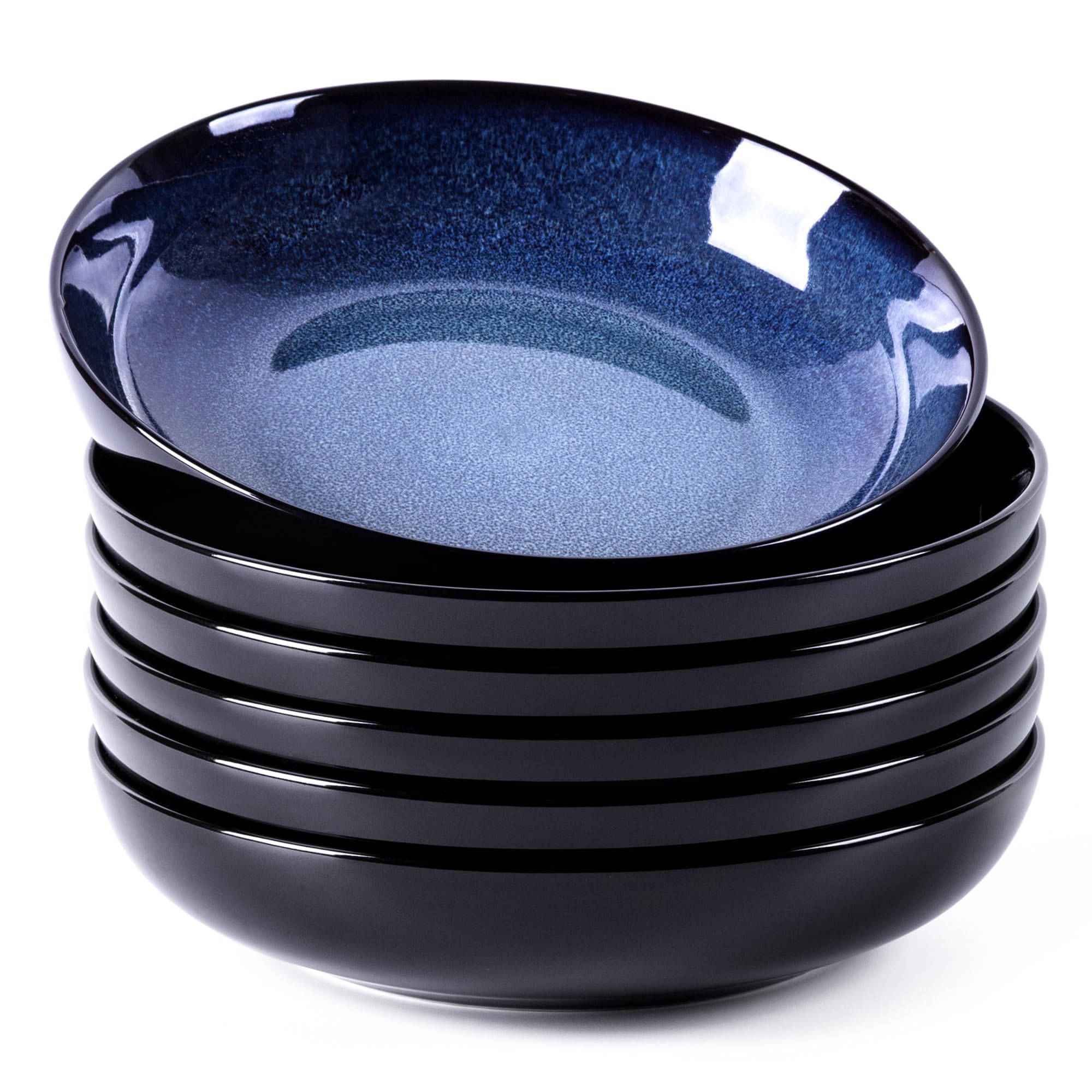 LeRatio Lot de 6 grands bols à pâtes de 22 cm, assiettes profondes en grès résistant aux rayures, bols à soupe et nouilles modernes, passent au micro-ondes et au lave-vaisselle, bleu spatial