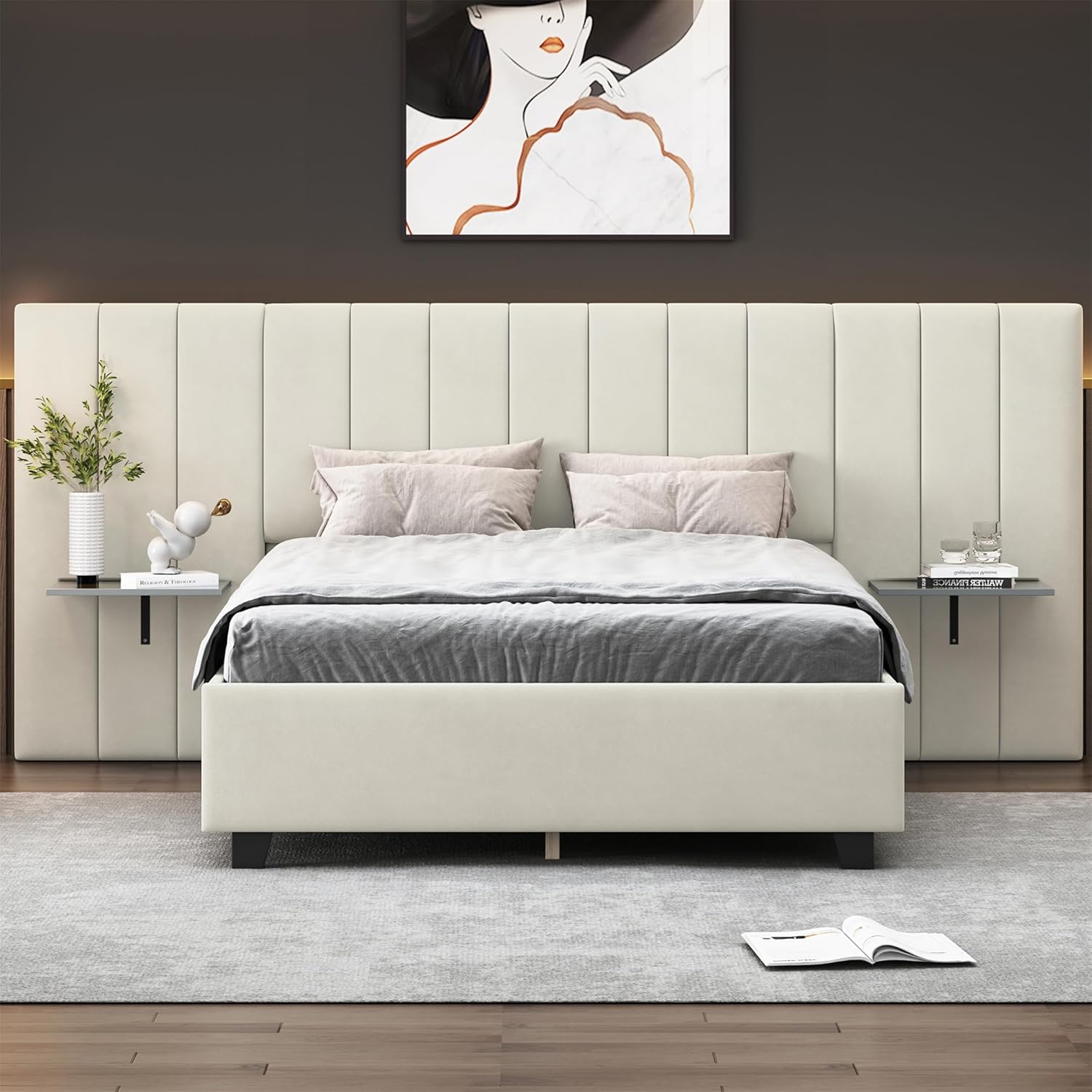 Luxurious Queen Bed Frame, Platform Bed with Oversized Upholstered Headboard and 2 Storage Shelves, No Box Spring Required, Comfortable Bedroom Furniture.Pink