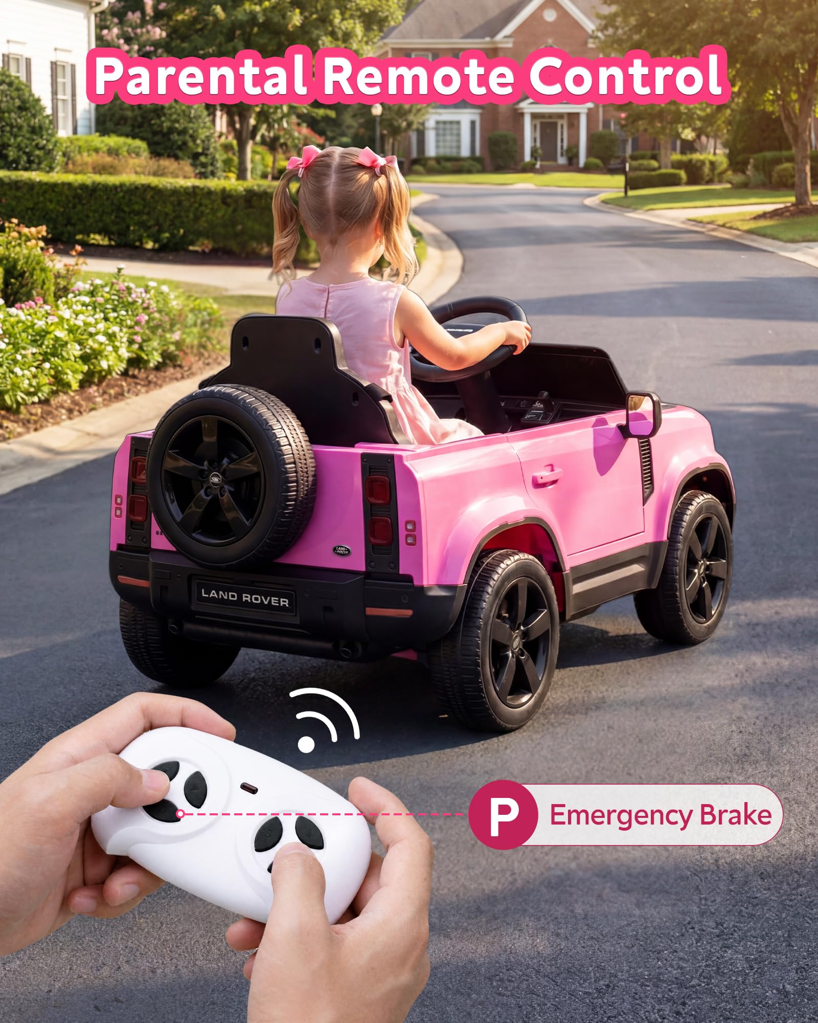 Auto elettrica da 12 V per bambini, con licenza Land Rover, con telecomando per genitore, soft start, 3 velocità, assorbimento degli urti, luci LED e musica, giocattolo elettrico per bambini, rosa