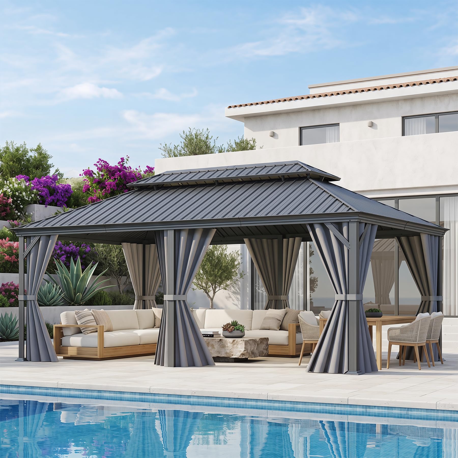 Domi 14'x24' Gray Hardtop Gazebo installed in a backyard setting