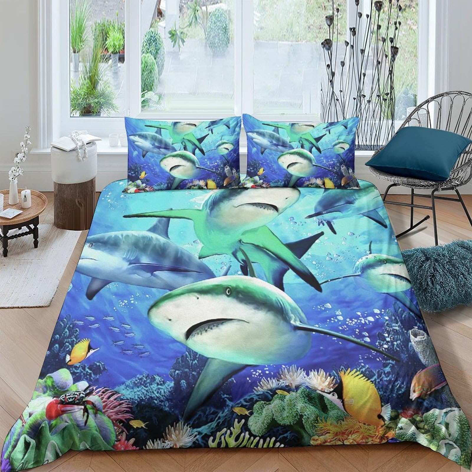 GPLZQXKJNH 3D Printed Shark Ocean Duvet Cover Set Microfiber Soft Breathable Coral Reef Quilt Cover with 2 Pillowcases for Bedroom Decoration Single（135x200cm）