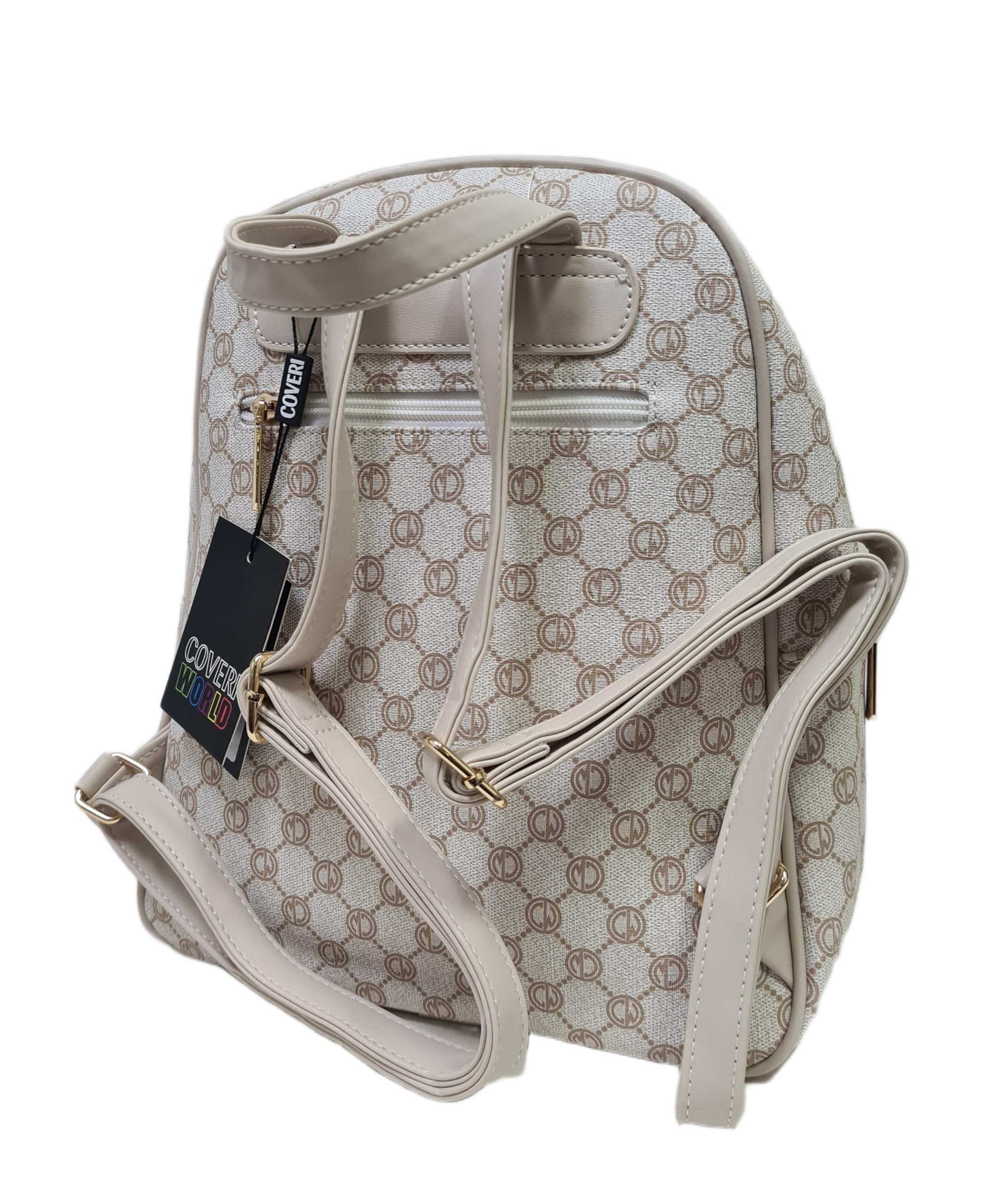 COVERI COLLECTION Zaino Donna Elegante, Stampa Logo Monogram, Pelle Sintetica, Dimensioni 28x12x32 cm, Due Tasche Frontali e Una posteriore, Tracolle Regolabile, Art. 4067 (BEIGE)