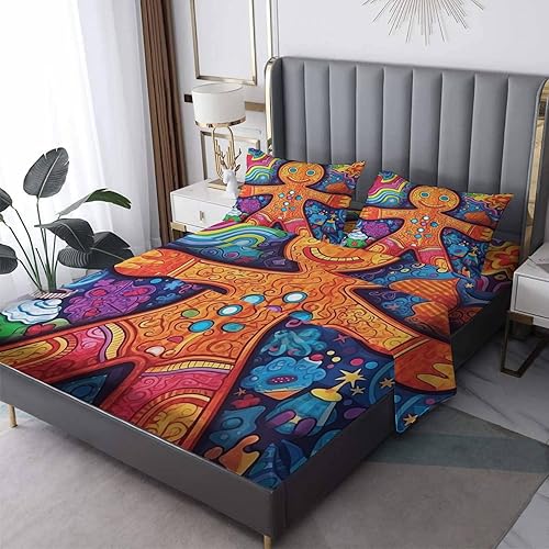 Juego de sábanas de Navidad tamaño California King, sábanas de hombre de jengibre, sábanas y fundas de almohada estampadas de 4 piezas, sábana