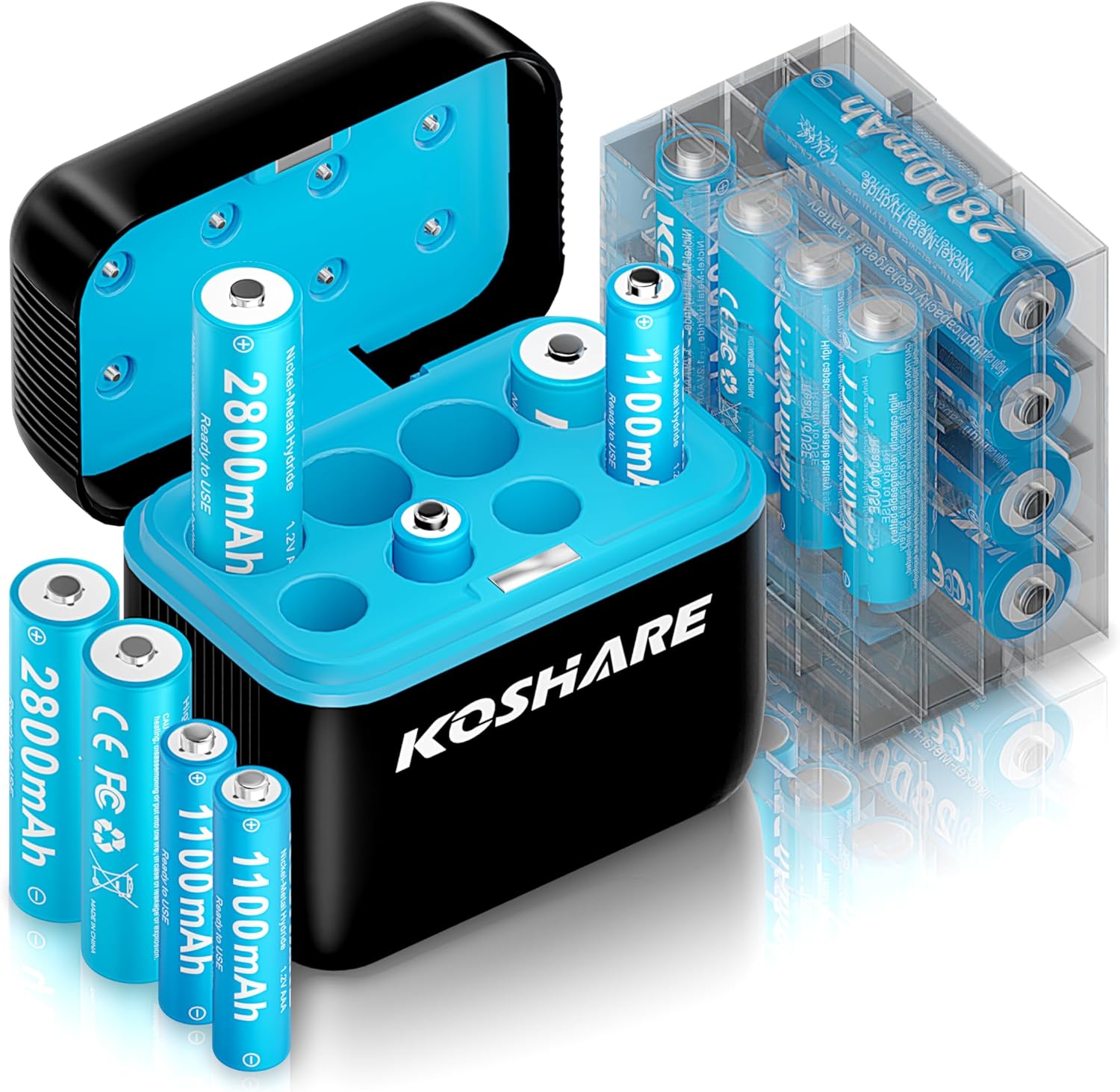 Rechargeable AA AAA Batteries with Charger,16Pcs 1.2V Ni-MH Rechargeable Batteries with 8 * 2800mAh AA and 8 * 1100 mAh AAA，800 Cycles，Pre-Charge，Type-C and 8 Slot Charger