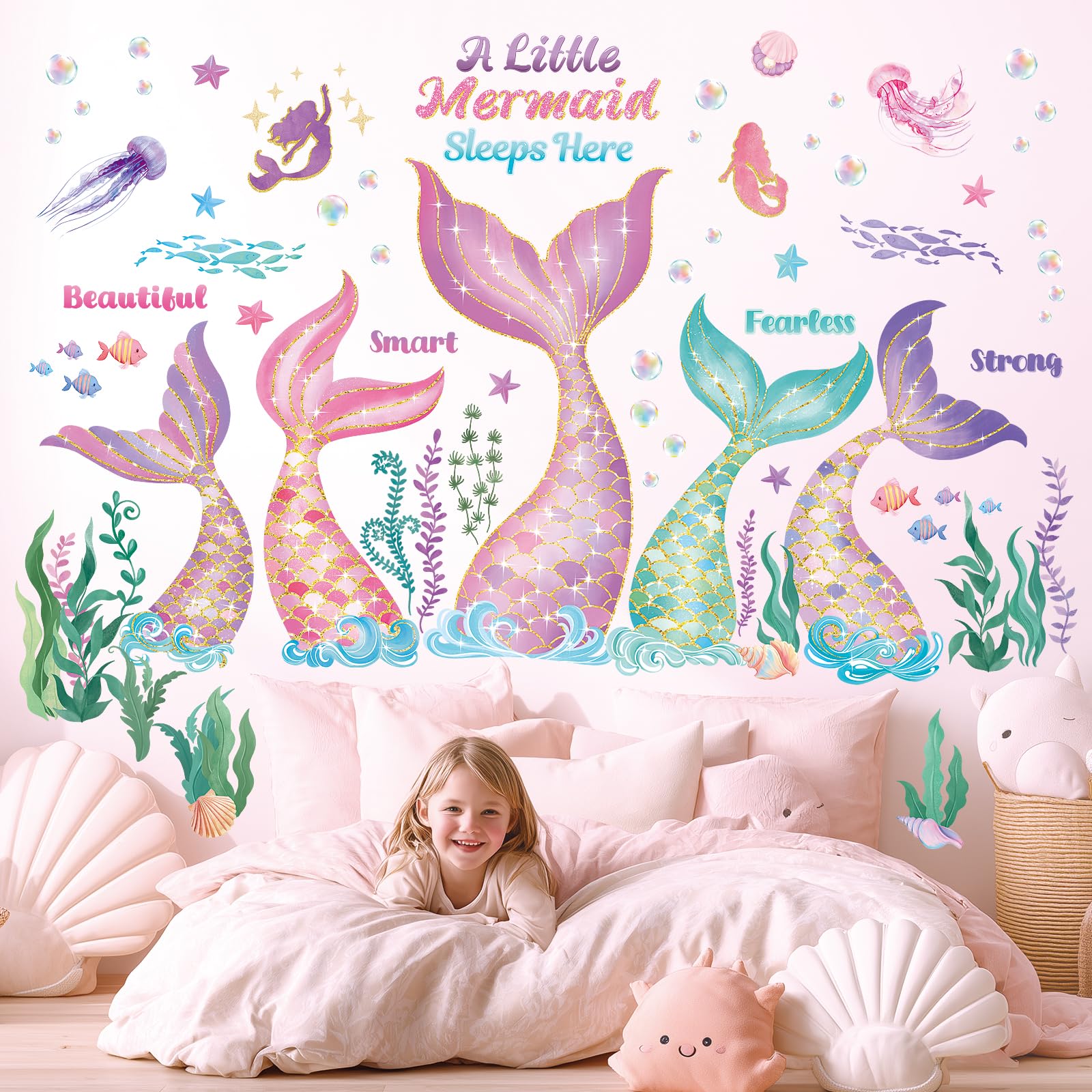 DECOWALL Mermaid Wall Stickers Under The Sea Wall Decals Bubble Seaweed Peel and Stick for Girls Bedroom Baby Nursery Bathroom Decor (SG2-2505) - Image 2