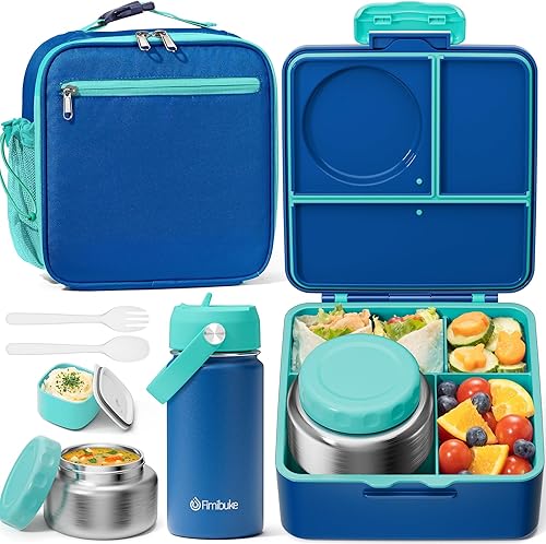 Fimibuke Lonchera Bento para niños con termos, caja Bento a prueba de fugas con tarro de comida aislado de 8.5 onzas, bolsa de almuerzo, botella de