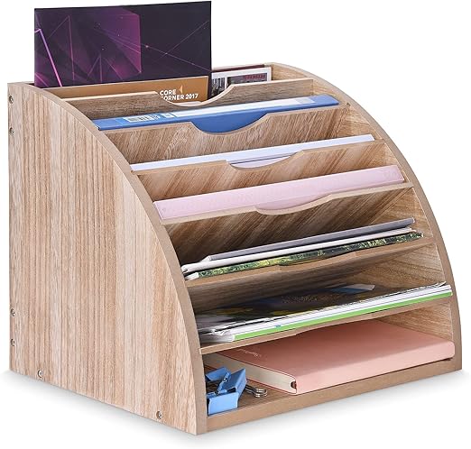 WuGeShop Fan Shaped File Organizer, 7 Tier Desk Paper Organizer File Holder, Desktop Large File Sorter with Adjustable Compartments for Home Office School Classroom