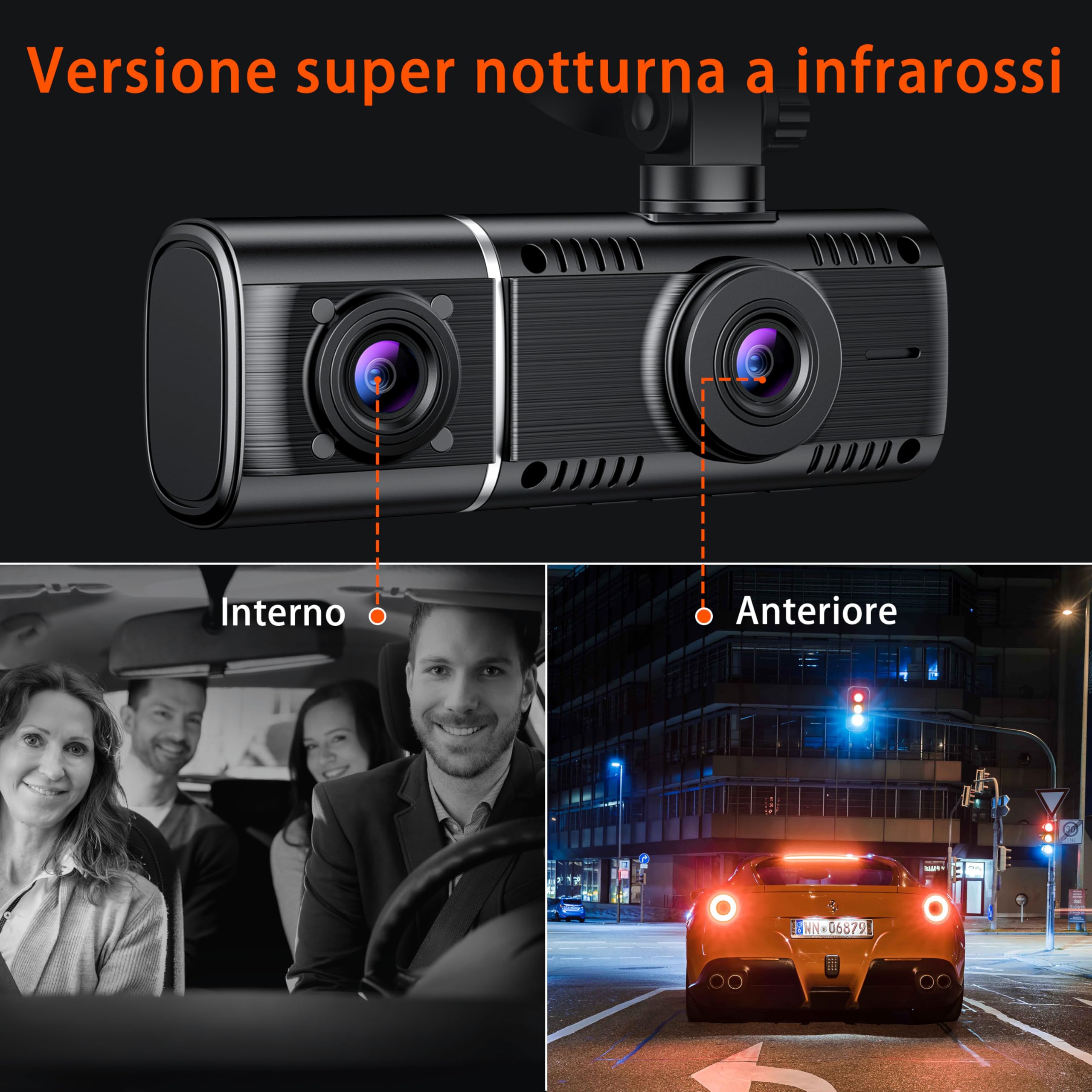 Dash Cam Auto 3 Canali 1080P - Fronte/Retro/Interno Con Visione Notturna - Parcheggio 24/7 Con Batteria - Sensore G - Include SD 64GB