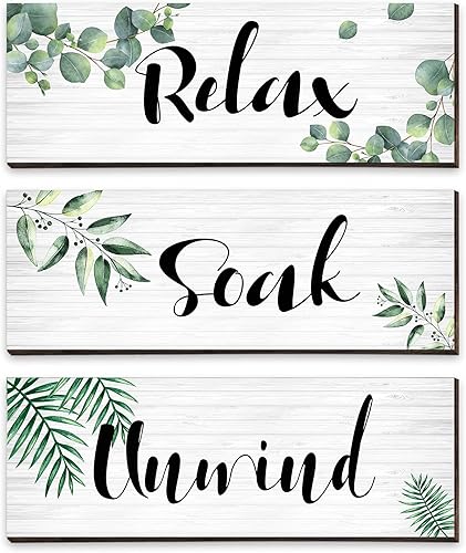 Blulu 3 piezas de decoración de pared de baño verde Relax Soak Unwind Letrero de pared de baño verde botánico para baño, decoración de pared