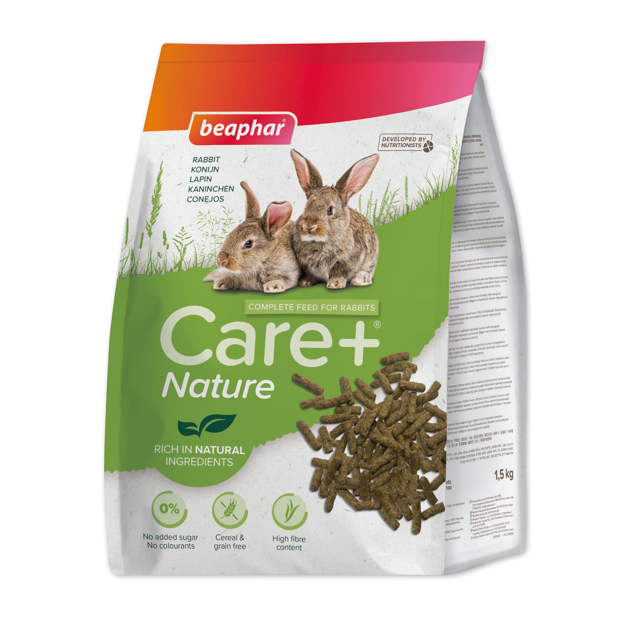 Beaphar Care+® Nature Conejo - Alimento Natural para Conejos sin Cereales, Rico en Fibra y heno Timothy - pellets Todo en uno - 1,5 kg