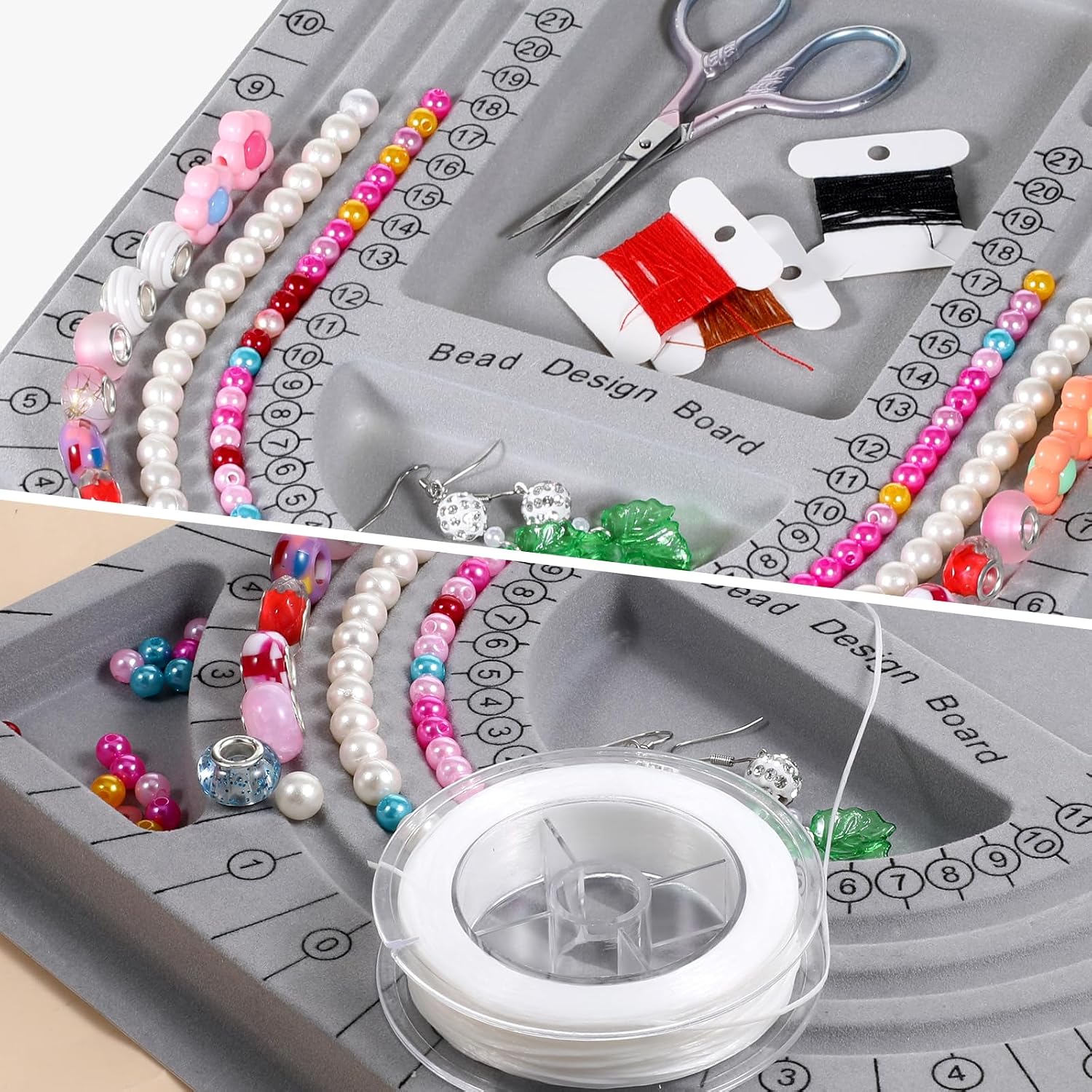 Bracelet Design Board, Jewelry Design Tray, Grey Bead Board, DIY Craft Tool, 6 Recessed Compartments,3 U-Shaped Channels for Necklace, Jewelry Production