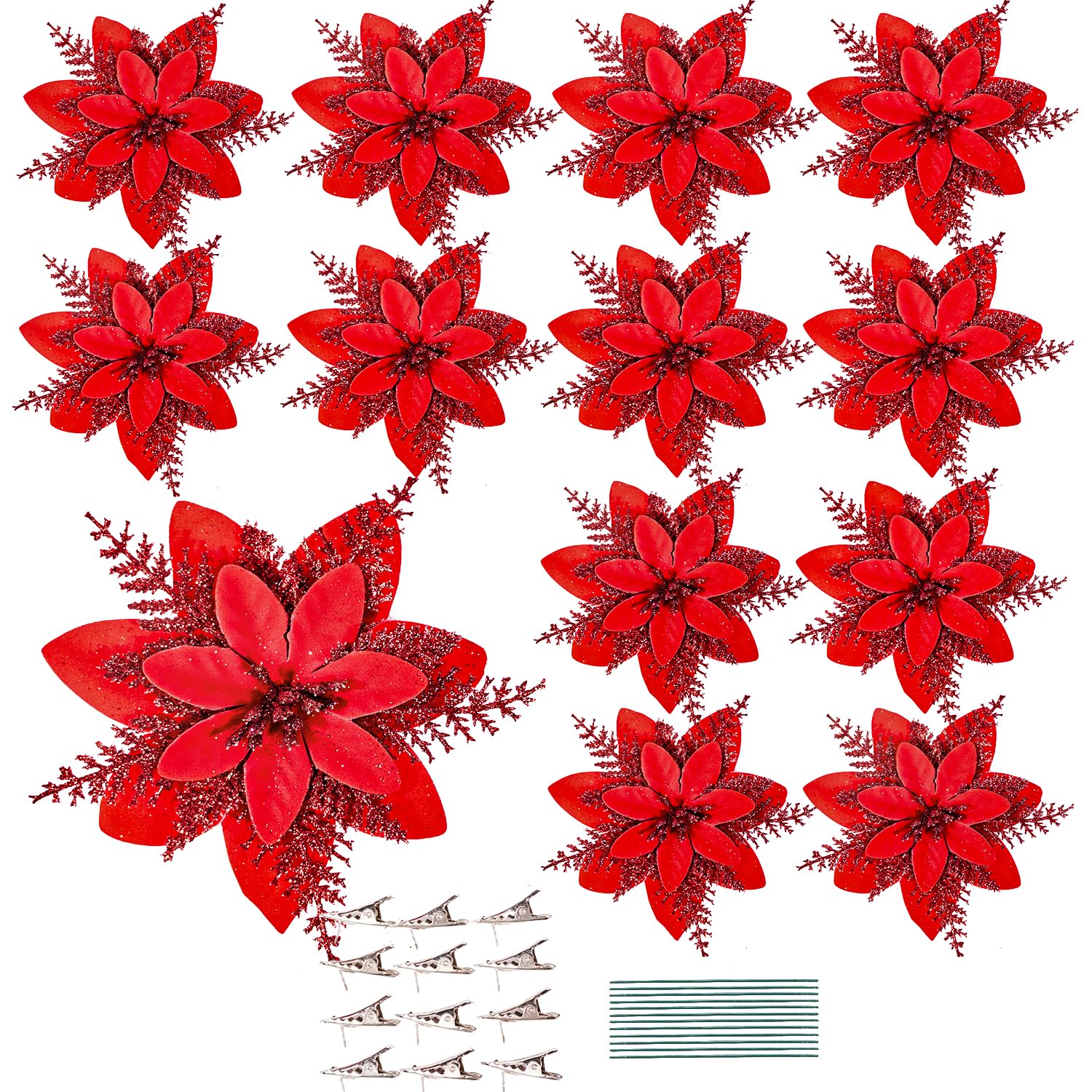 Leixi 16pcs Christmas Poinsettia Artificial Flowers 5.5" Glitter Poinsettias Flower with Stems & Clips for Wreath Xmas Tree New Year Party Ornament Wedding (Red)