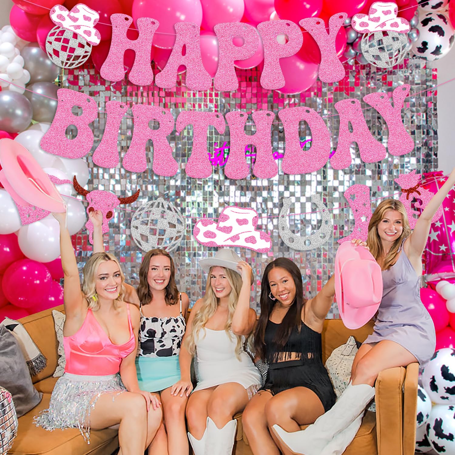 Western Cowgirl Party Dekoration – Türschild & Banner In Pink | Discokugel-Motive Für Geburtstag & Junggesellinnenabschied